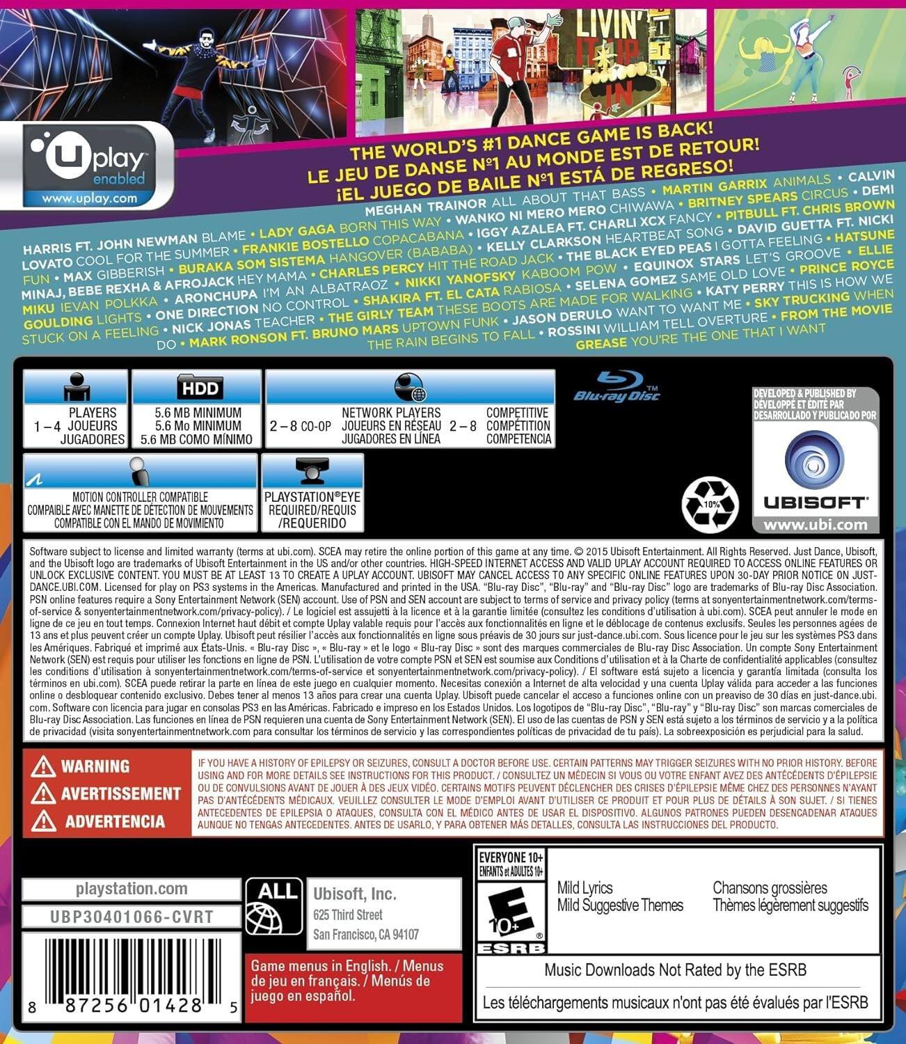 **Front Cover:**

- **Title:** THE WORLD'S #1 DANCE GAME IS BACK!
- **Subtitle:** LE JEU DE DANSE N°1 AU MONDE EST DE RETOUR!
- **Songs:**
  - HARRIS FT. JOHN NEWMAN - BLAME
  - LADY GAGA - BORN
  - BOSTELLO - COPACABANA
  - LOVATO - HEARTBEAT SONG
  - MAX GIBBIRISH - BURAKA SOM SISTEMA
  - CHARLES PERCY HIT - KABOOM
  - XIXIBERRISH - ROYCE
  - KIWI LIGHTKKA - ALBATRAOZ
  - EVIAN DOLKHA - ONE DIRECTOR
  - NICKI MINAJ - NO CONTROL
  - SHAKIRA - WALKING ON A WIRE
  - MEGHAN TRAINOR - GIRLY GIRLS
  - JASON DERULO - THE RAIN
  - ROSSINI WILLIAM - THESE BOOTS ARE MADE FOR WALKING
  - BEBE REKHA & AFROJACK - HEY MAN
  - IG