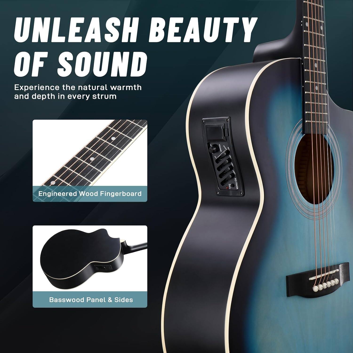 UNLEASH BEAUTY OF SOUND  
Experience the natural warmth and depth in every strum  

Engineered Wood Fingerboard  
Basswood Panel & Sides