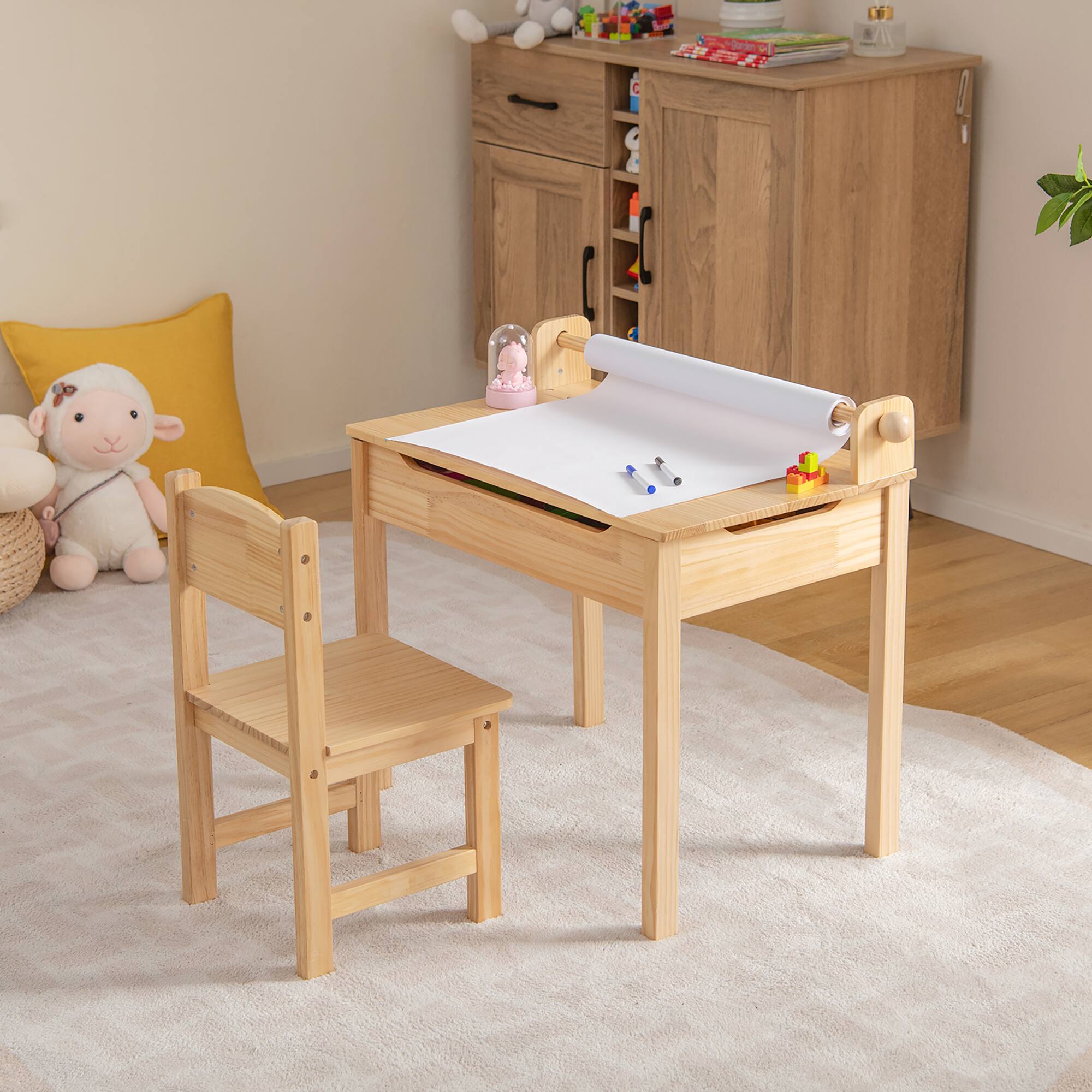Alt View 3. Costway - Costway Toddler Multi Activity Table with Chair Kids Art & Crafts Table with Paper Roll Holder - Natural.