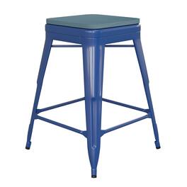 Emma + Oliver - Kam Backless Metal Indoor-Outdoor Stool with All-Weather Polystyrene Seat - Teal-Blue Seat/Blue Frame
