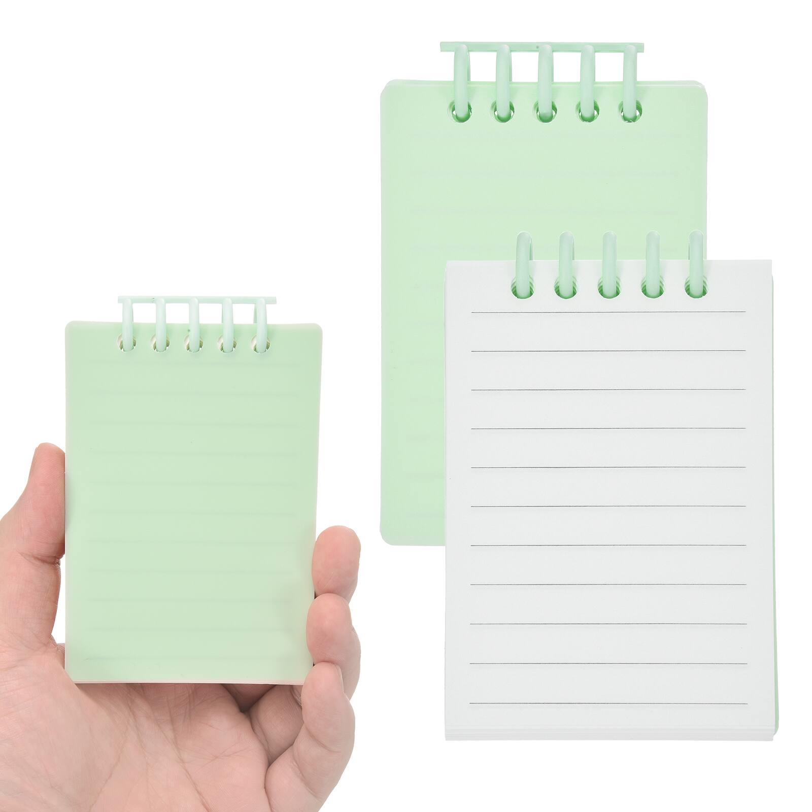 Front. Unique Bargains - 2pcs 3x5 Inch Aesthetic Pocket Notebooks, Removable Page Spiral Lined Portable Flip Notes 80 Sheets/160 Pages Office - Mint Green.