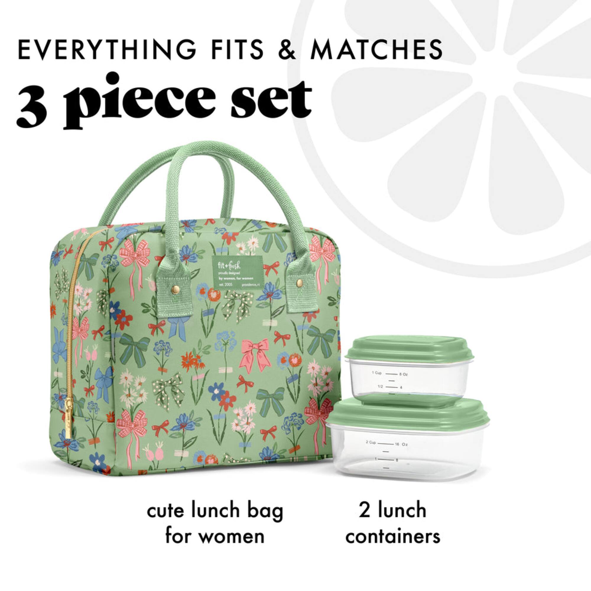 EVERYTHING FITS & MATCHES  
3 piece set  

cute lunch bag for women  
2 lunch containers