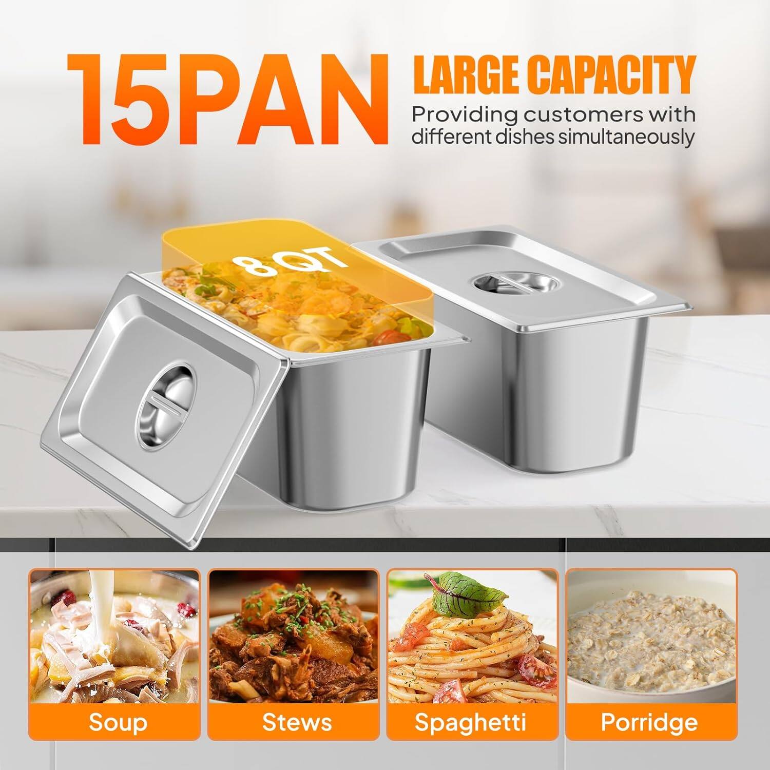 LARGE CAPACITY  
15PAN  
Providing customers with different dishes simultaneously  

Soup  
Stews  
Spaghetti  
Porridge