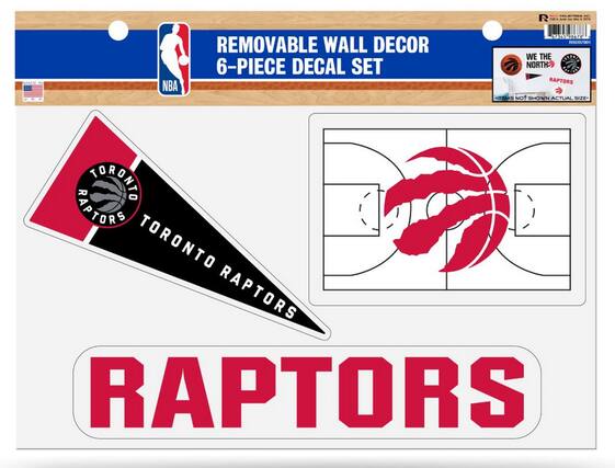 Sure, here is the corrected and grouped text from the image:
---
**REMOVABLE WALL DECOR 6-PIECE DECAL SET**
**TORONTO RAPTORS**
**WE THE NORTH**
**NBA**
**MADE IN USA**
**ITEMS NOT SHOWN ACTUAL SIZE**
---
This text is organized to reflect the information and branding present in the image.