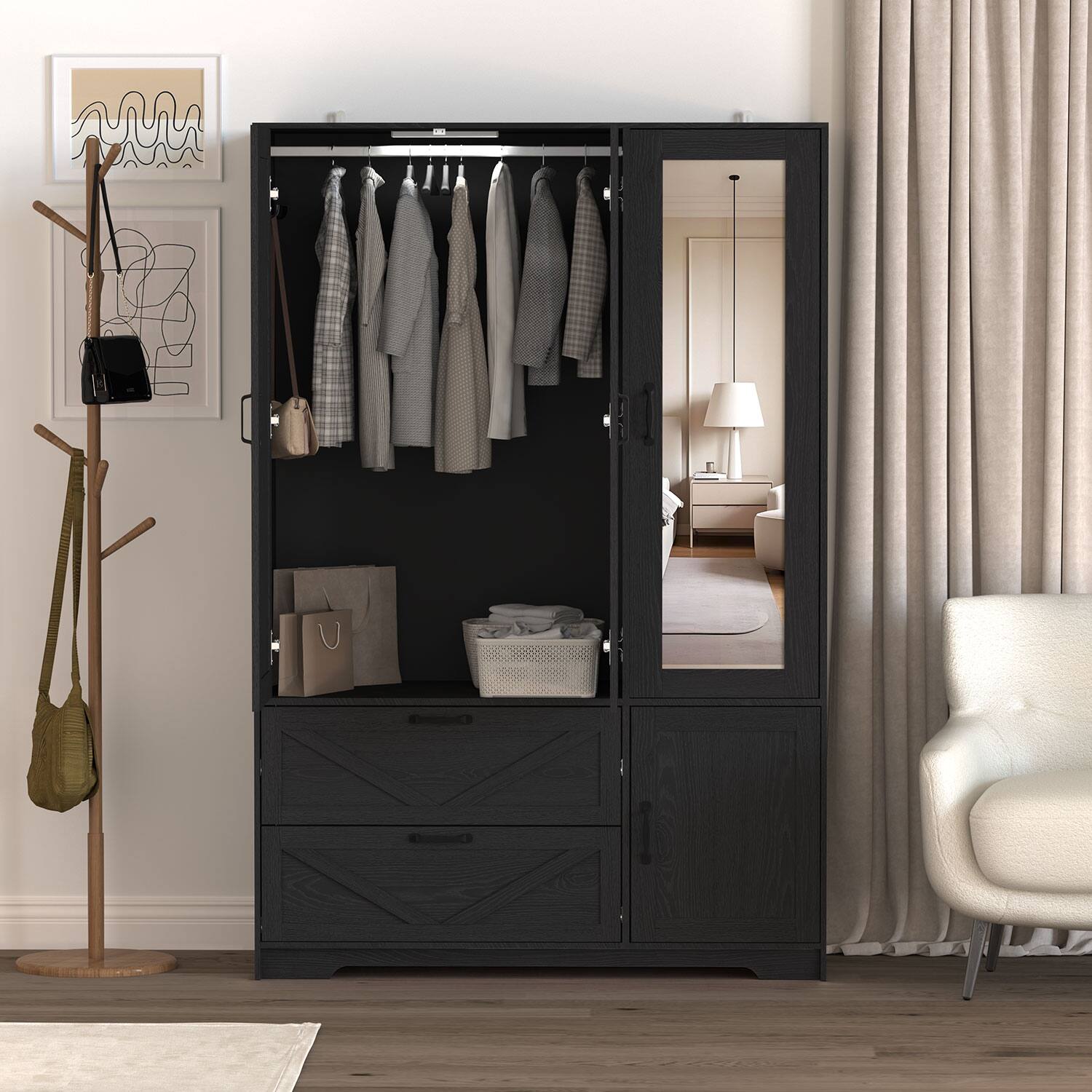 Left. MERAVOM - Wardrobe Closet with Mirror, 4 Doors and 2 Drawers, Wooden Wardrobe Storage Cabinet with Hanging Rod, Adjustable Shelves - Black.