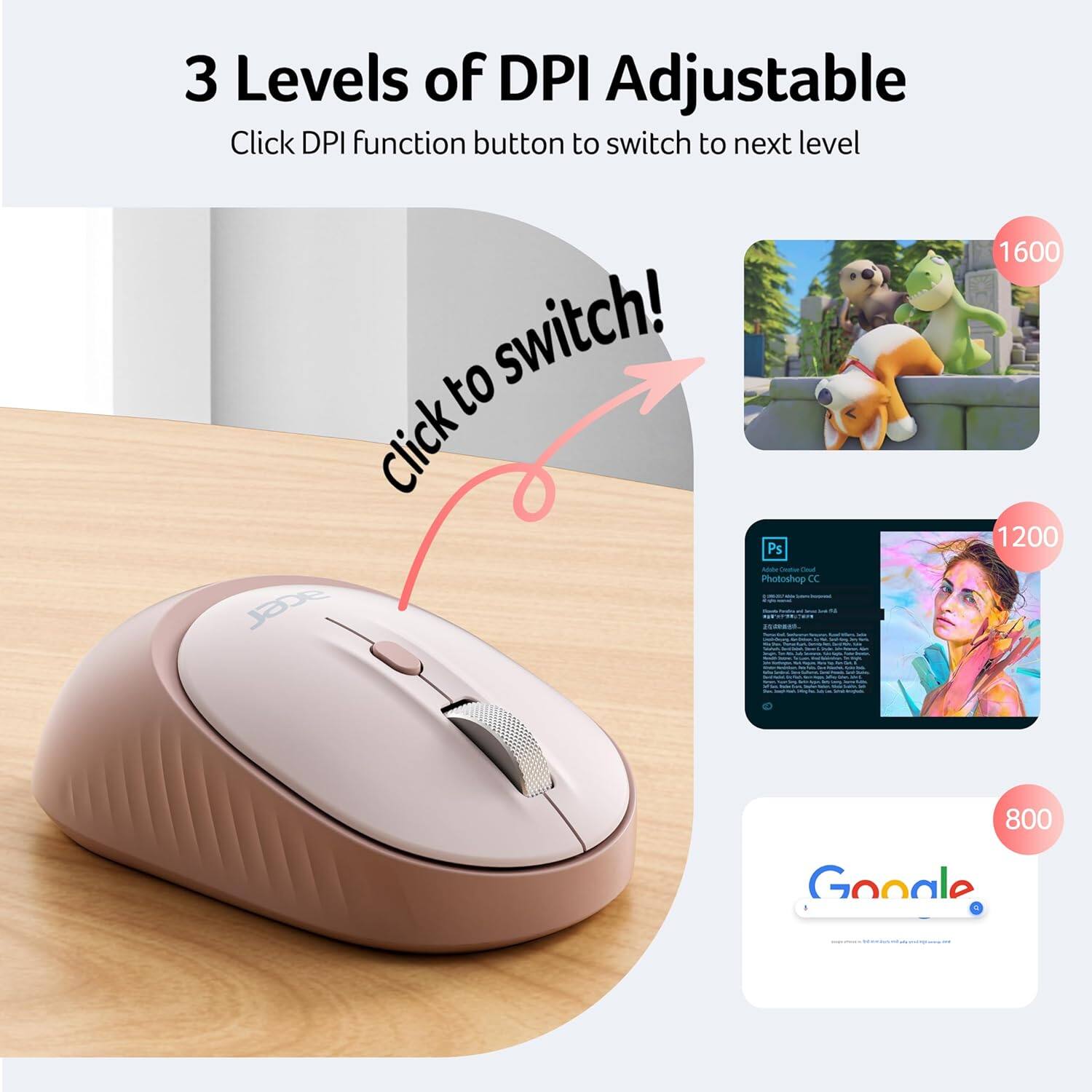 3 Levels of DPI Adjustable  
Click DPI function button to switch to next level  

Click to switch!  

1600  
1200  
800  

Photoshop CC  
Google