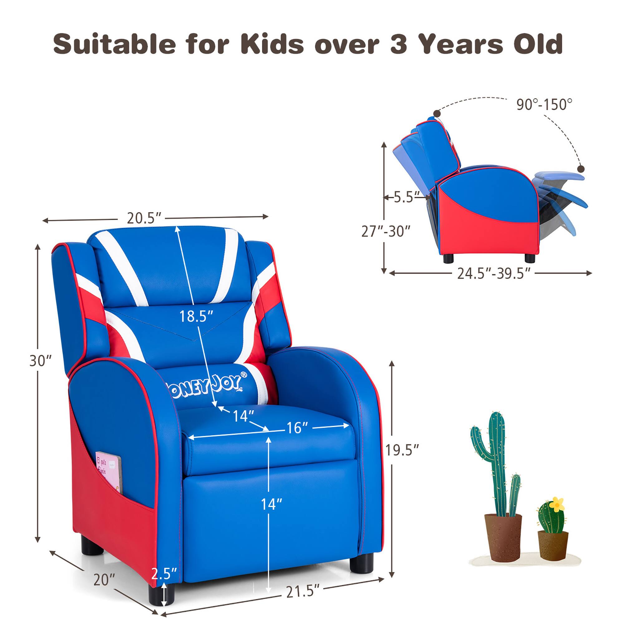 Suitable for Kids over 3 Years Old

- 20.5"
- 18.5"
- 14"
- 16"
- 14"
- 19.5"
- 21.5"
- 20"
- 2.5"
- 30"
- 27"-30"
- 24.5"-39.5"
- 5.5"
- 90°-150°