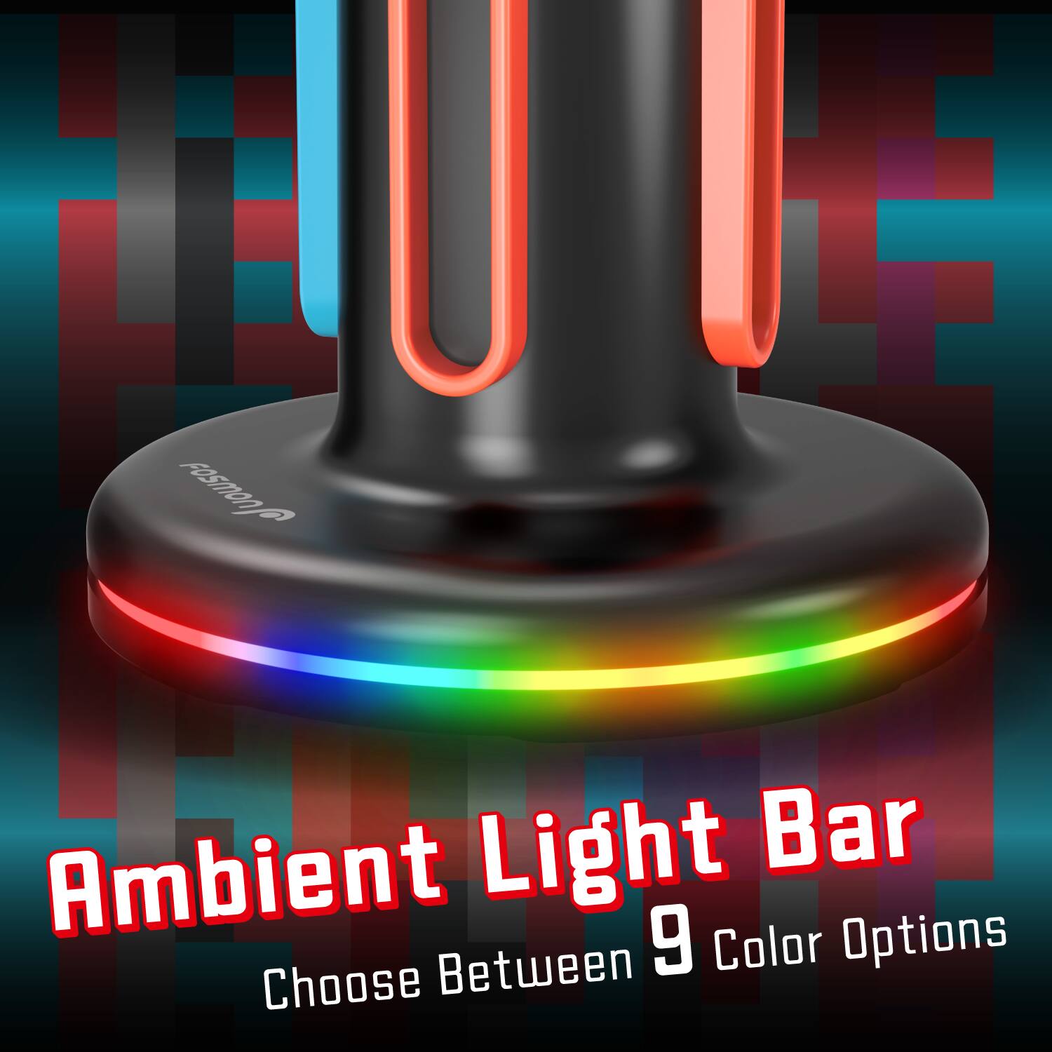 The corrected text is: "E i Fosmonfe 0 Light Bar Ambient Options Between 9 Color Choose."