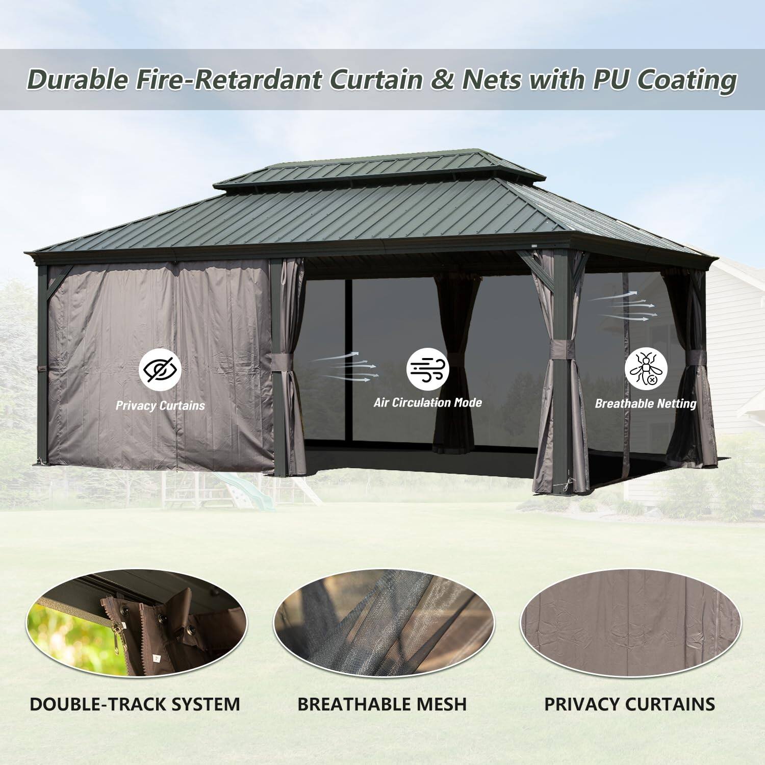 Durable Fire-Retardant Curtain & Nets with PU Coating  
Privacy Curtains  
Air Circulation Mode  
Breathable Netting  
DOUBLE-TRACK SYSTEM  
BREATHABLE MESH  
PRIVACY CURTAINS