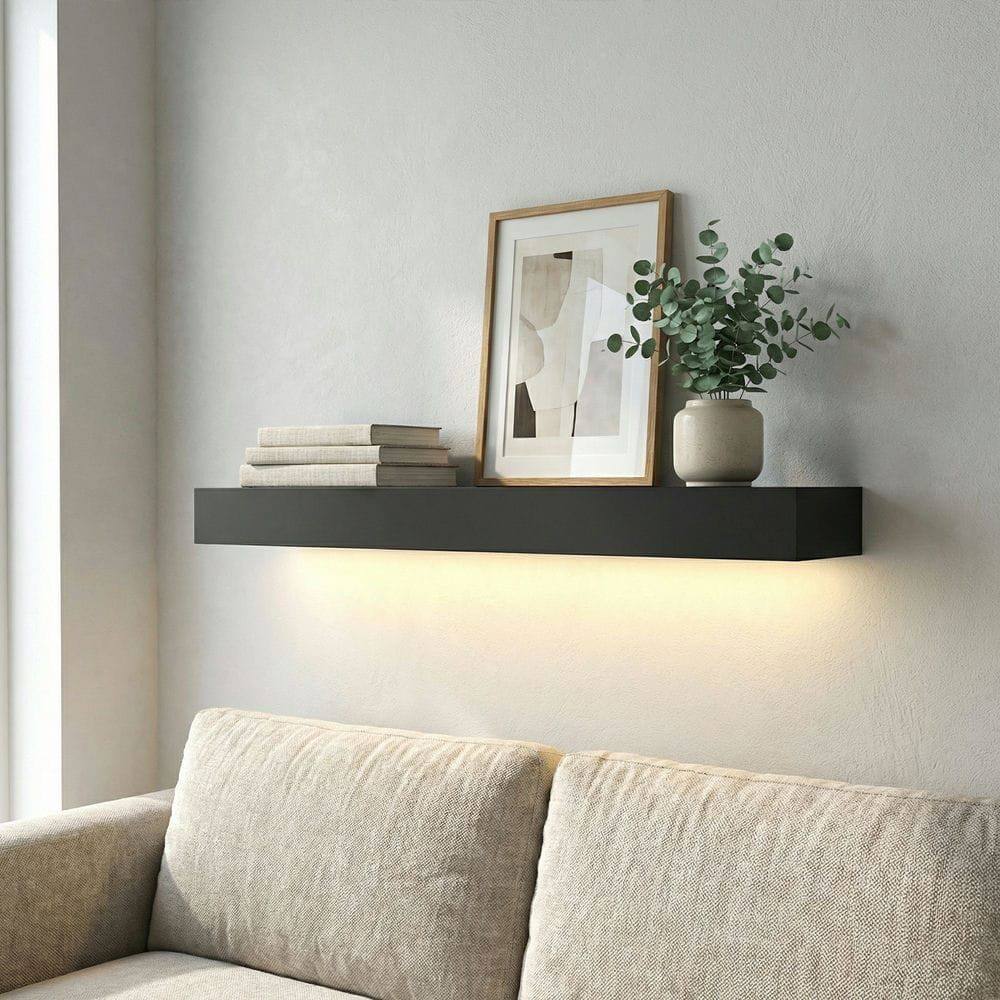 Alt View 2. Kadyn - LED Floating Wall Shelves, Sleek Black Design with Integrated Lighting and Military-Grade Iron Frame for Modern Bedroom - Black.