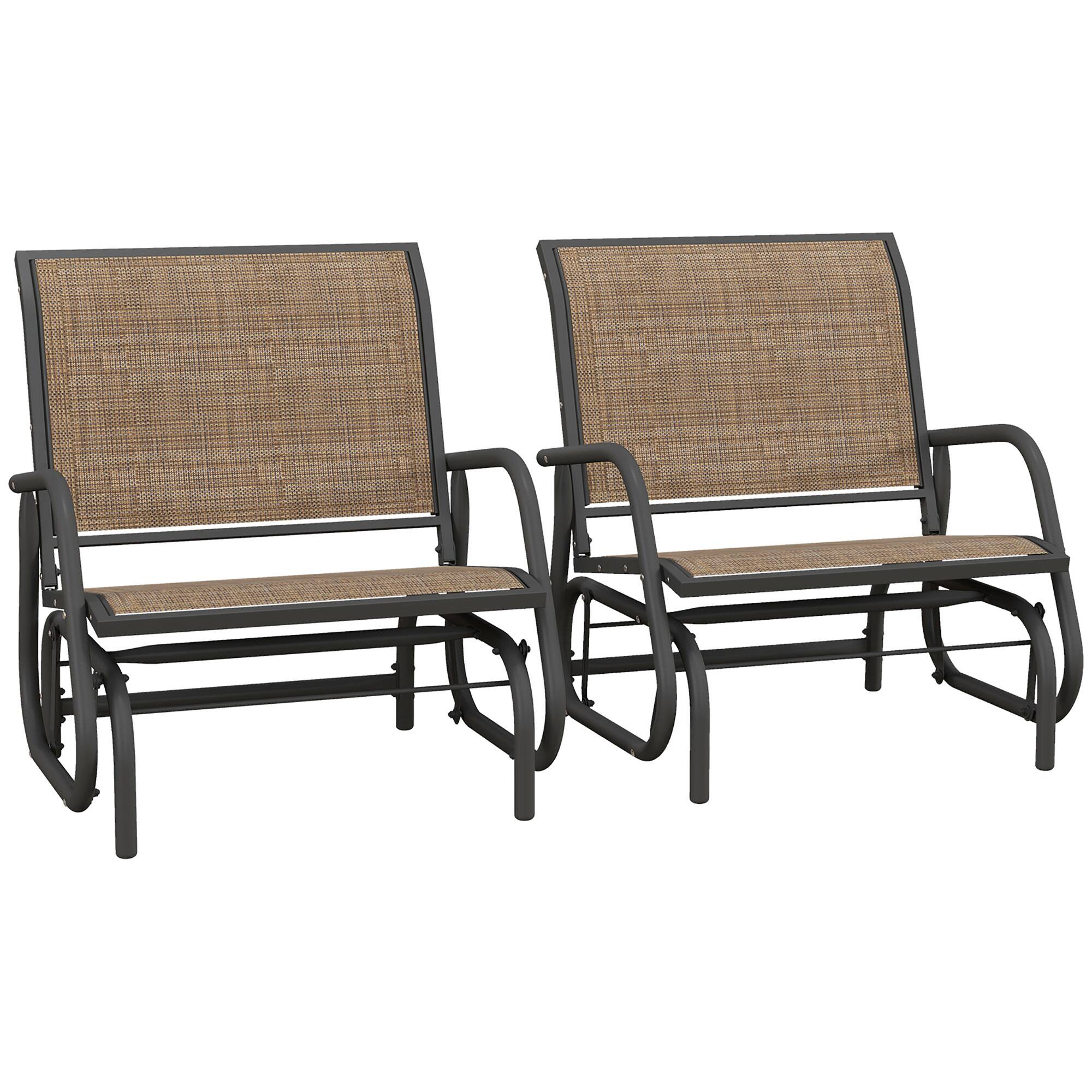 Outsunny - Porch Glider Set of 2, Metal Frame Swing Glider Chair with Breathable Mesh Fabric, Curved Armrests and Steel Frame - Light Mixed Brown