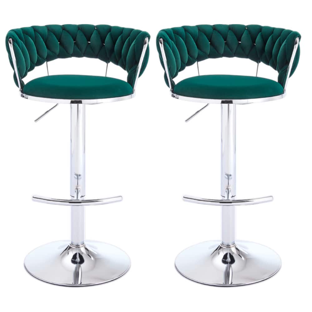 SlickBlue - Modern Adjustable Bar Stools – Set of 2 Velvet Swivel Chairs with Chrome Legs - Green