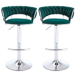 SlickBlue - Modern Adjustable Bar Stools – Set of 2 Velvet Swivel Chairs with Chrome Legs - Green