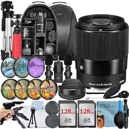 Sigma - 30mm f/1.4 DC DN Contemporary Lens for Sony E Mount Bundle with 2x 128GB Card + Case + ZeeTech Accessory Bundle - Black