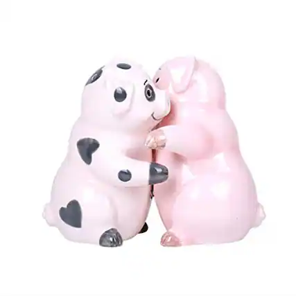 Front. Pacific Trading - Hugging Pigs Ceramic Salt and Pepper Shakers Magnetic - Pink.