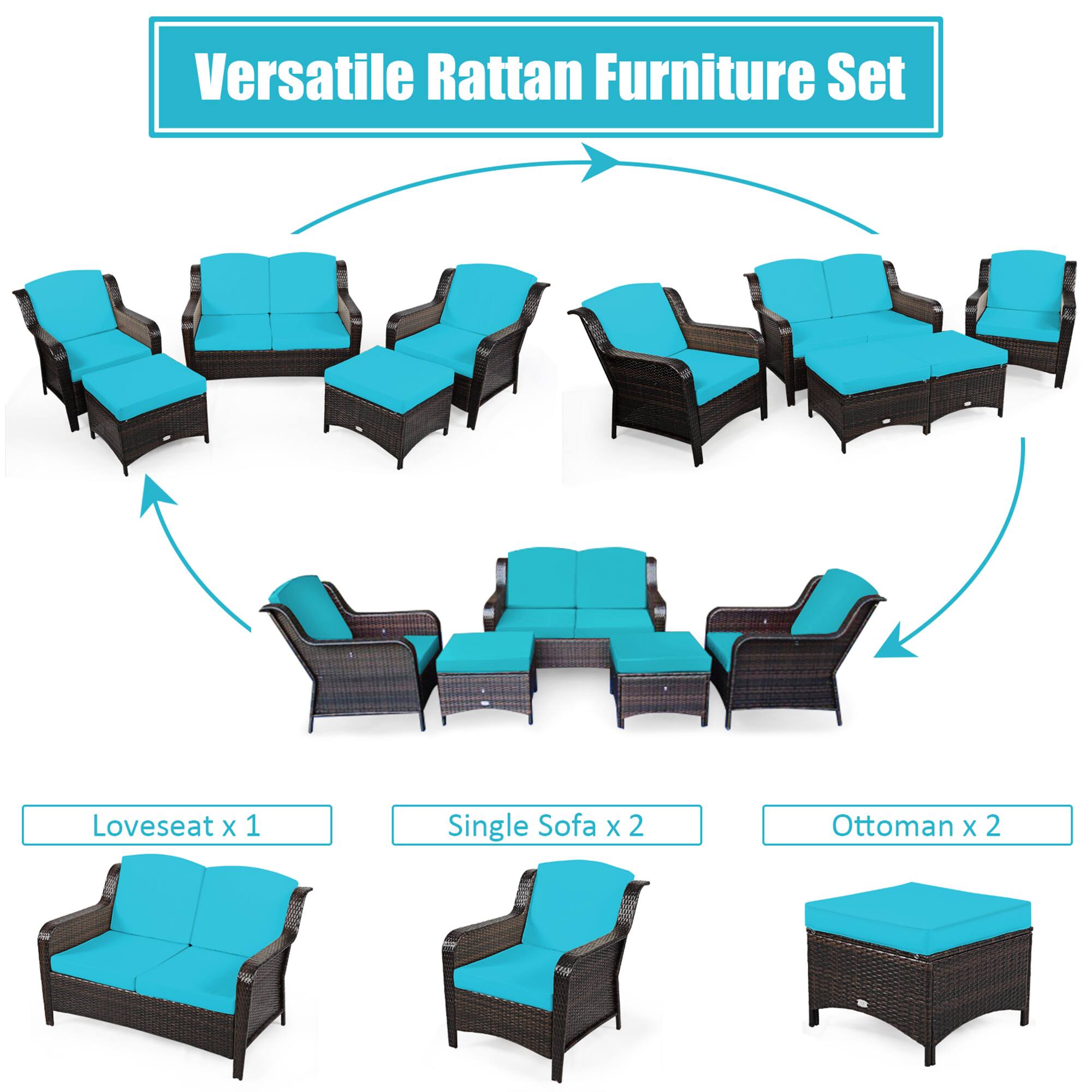 Versatile Rattan Furniture Set

- Loveseat x 1
- Single Sofa x 2
- Ottoman x 2