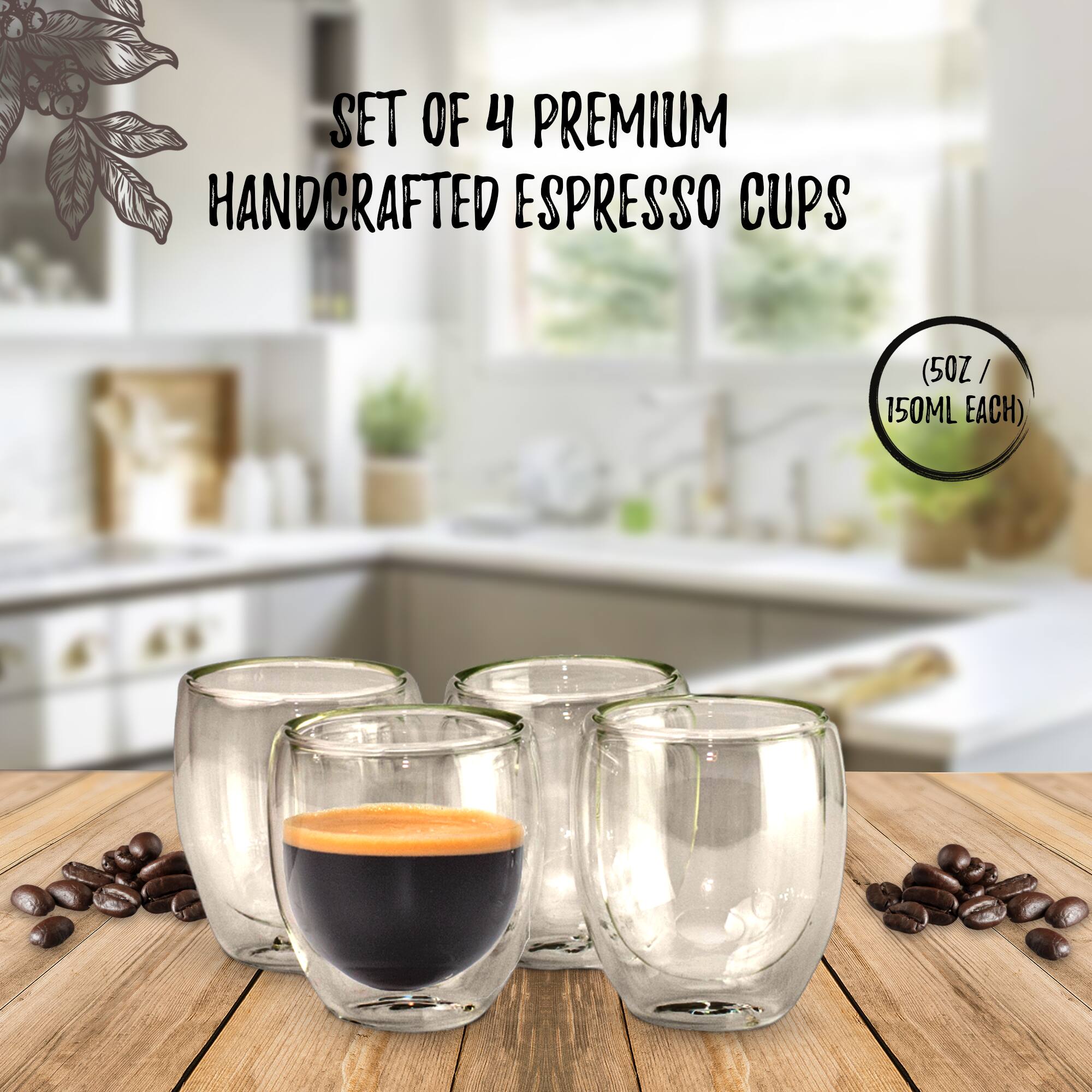 SET OF 4 PREMIUM HANDCRAFTED ESPRESSO CUPS (5 OZ / 150ML EACH)