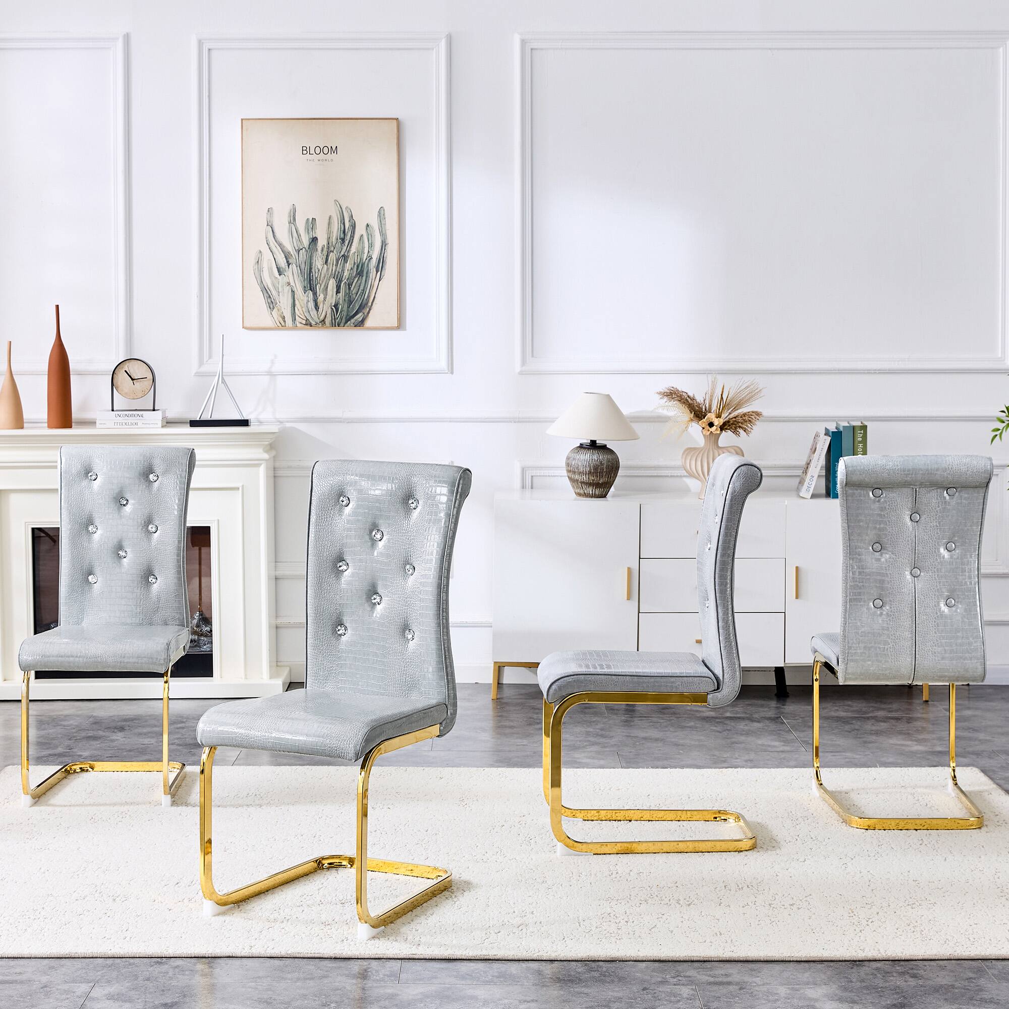 Back. Loheer - Set of 2 Faux Leather Dining Chairs Retro Alligator Skin Gold Bow Leg Crystal Tufted Seating 16.4x22.4x39.6 inches - Gray.