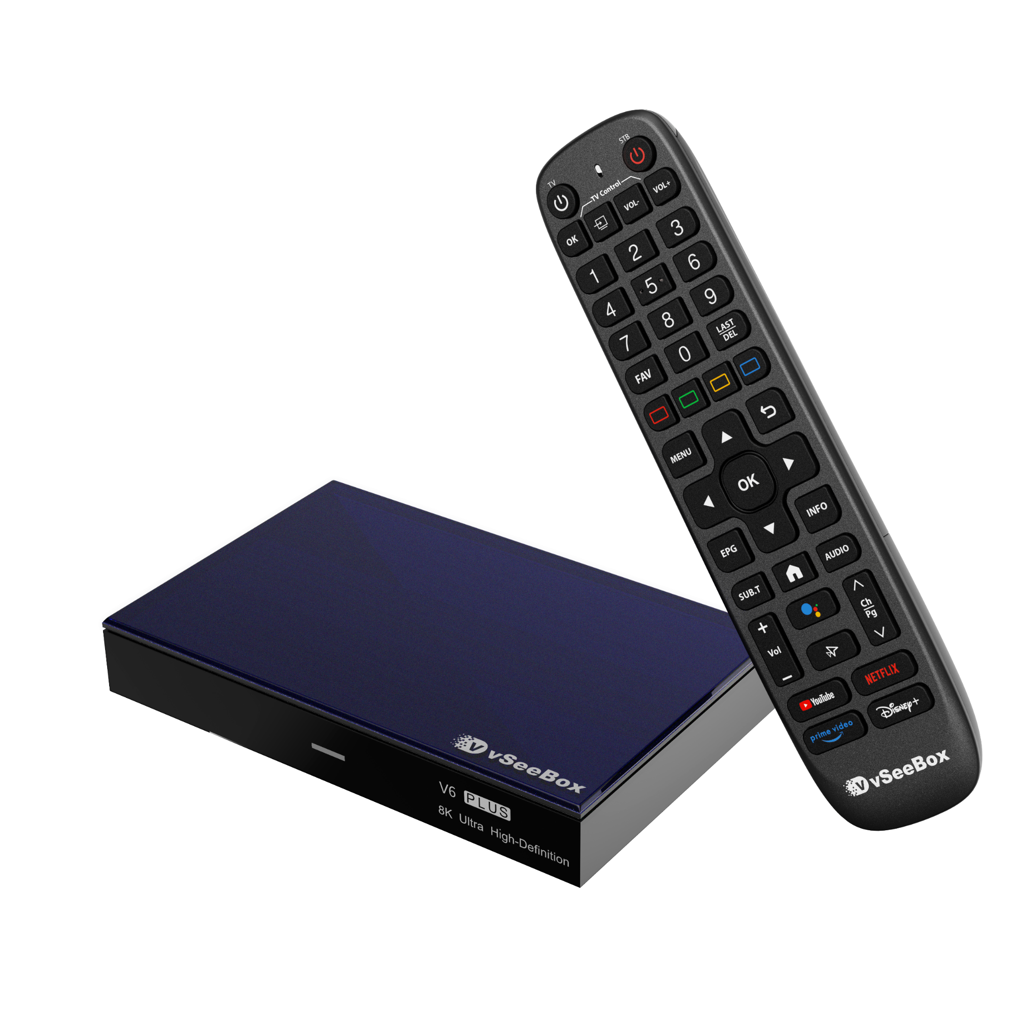 Sure, here is the corrected and grouped text from the image:

**VSeeBox V6 PLUS**
8K Ultra High-Definition

**Remote Control:**
- TV/Control
- VOL-
- VOL+
- OK
- 1 2 3
- 4 5 6
- 7 8 9
- 0
- LAST DEL
- FAV
- MENU
- INFO
- EPG
- SUB/T
- AUDIO
- NETFLIX
- Toaube
- Disney+
- prime video
- vSeeBox