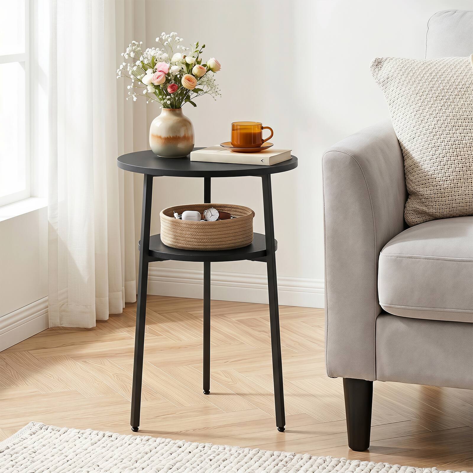 Alt View 1. Costway - Costway 2 PCS 2-Tier Round Side Table with Storage Shelf Metal Frame for Living Room Bedroom - Black.