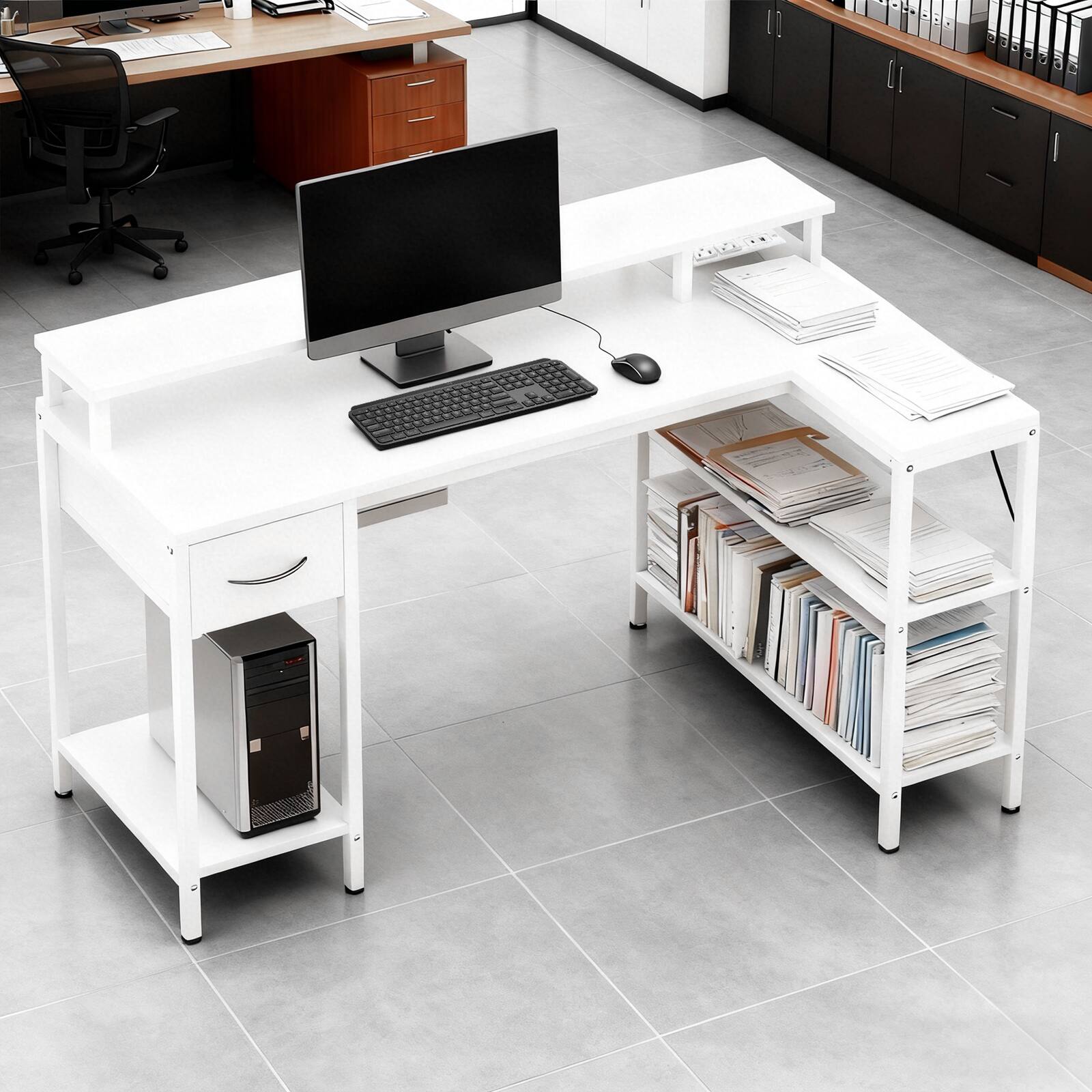 Left. AENKYO - 53" L-Shaped Gaming Desk with Power Outlets, Computer Desk, LED Lighting and Monitor Stand - White.
