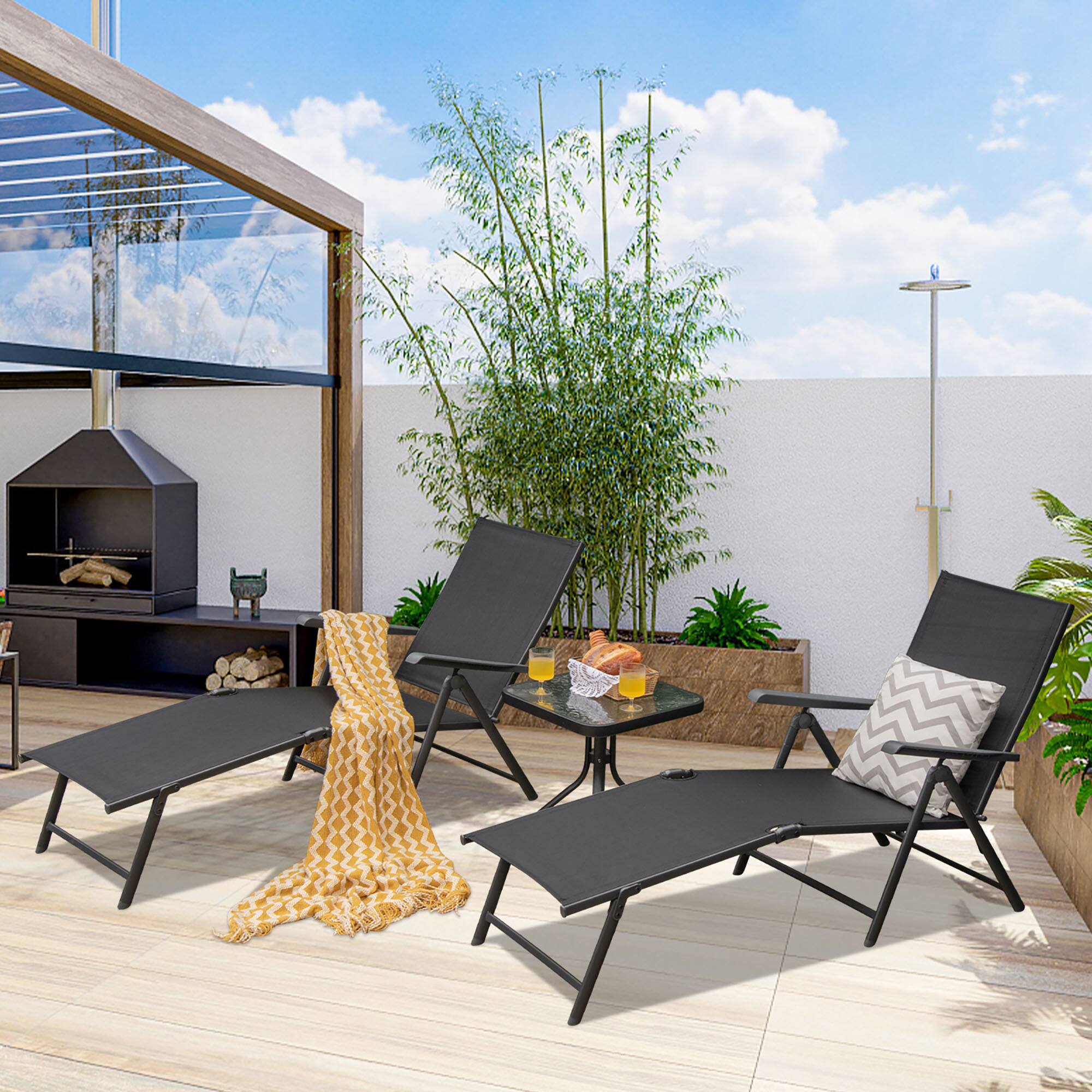 Alt View 4. Gymax - Gymax Set of 2 Outdoor Adjustable Chaise Lounge Chair Patio Folding Recliner Lounge Black - Black.