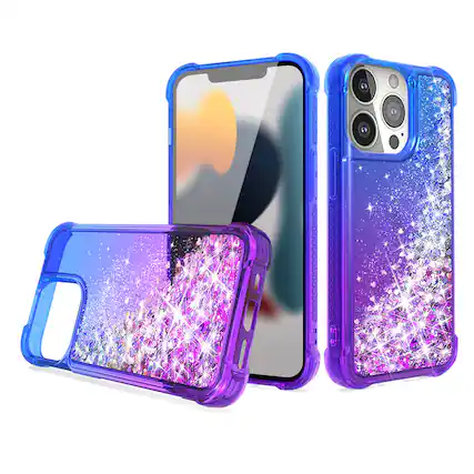 Front. Reiko - Shiny Flowing Glitter Liquid Bumper Case For Apple Iphone 13 Pro In Blue - Blue.