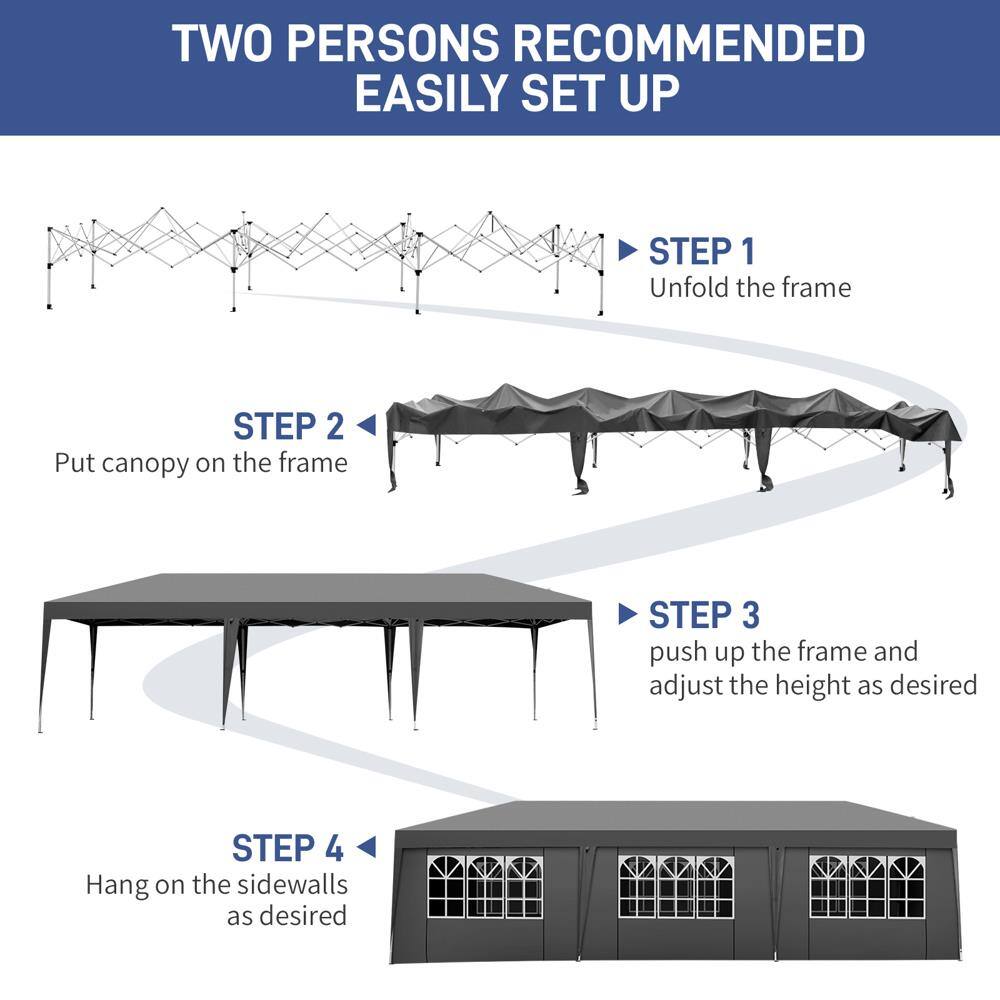 TWO PERSONS RECOMMENDED  
EASILY SET UP  

STEP 1  
Unfold the frame  

STEP 2  
Put canopy on the frame  

STEP 3  
Push up the frame and adjust the height as desired  

STEP 4  
Hang on the sidewalls as desired