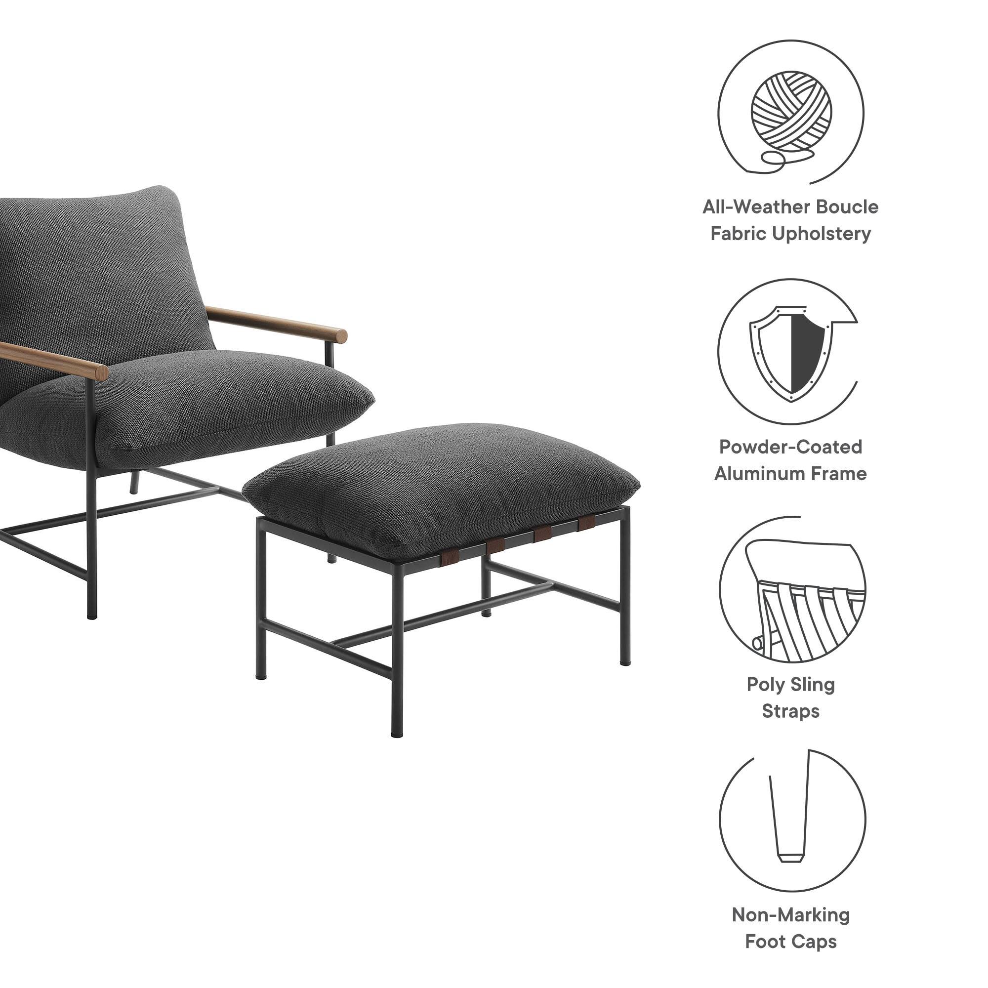 All-Weather Boucle Fabric Upholstery  
Powder-Coated Aluminum Frame  
Poly Sling Straps  
Non-Marking Foot Caps