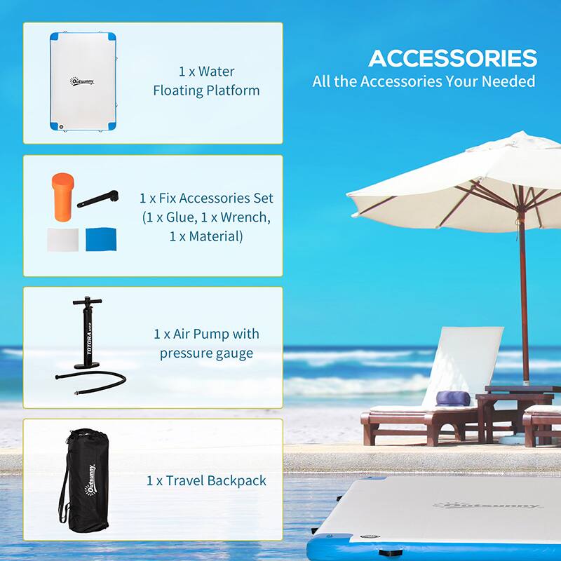 Outsunny 1 x Water Floating Platform
ACCESSORIES
All the Accessories Your Needed
1 x Fix Accessories Set (1 x Glue, 1 x Wrench, 1 x Material)
1 x Air Pump with pressure gauge
1 x Travel Backpack