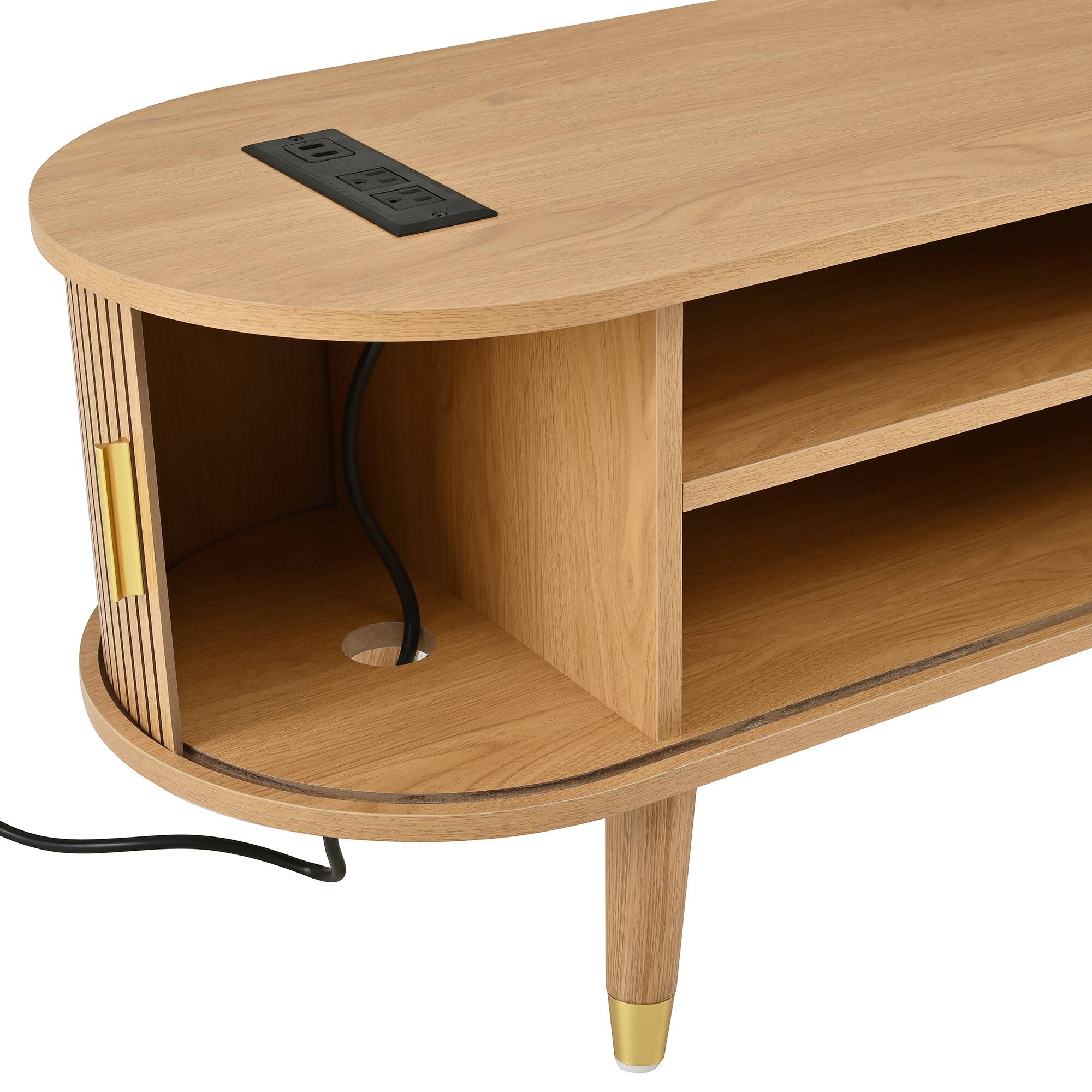 Alt View 7. TinyHomie - Wooden Oval Fluted TV Stand with Charging Station for TV up to 80in Mid-Century Media Console with Sliding Tambour Door - Natural.