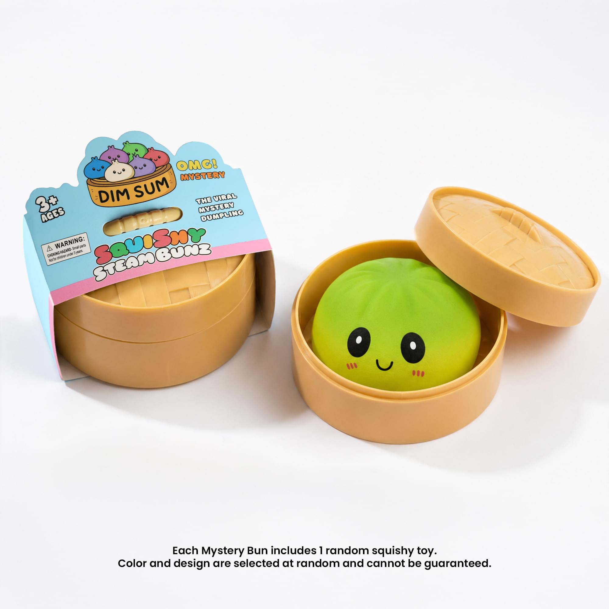 OMG! MYSTERY DIM SUM THE VIRAL 3+ AGES MYSTERY DUMPLING 4 WARNING: SQUISHY BUNZ CHOKING HAZARD St TEAM

Each Mystery Bun includes 1 random squishy toy. Color and design are selected at random and cannot be guaranteed.