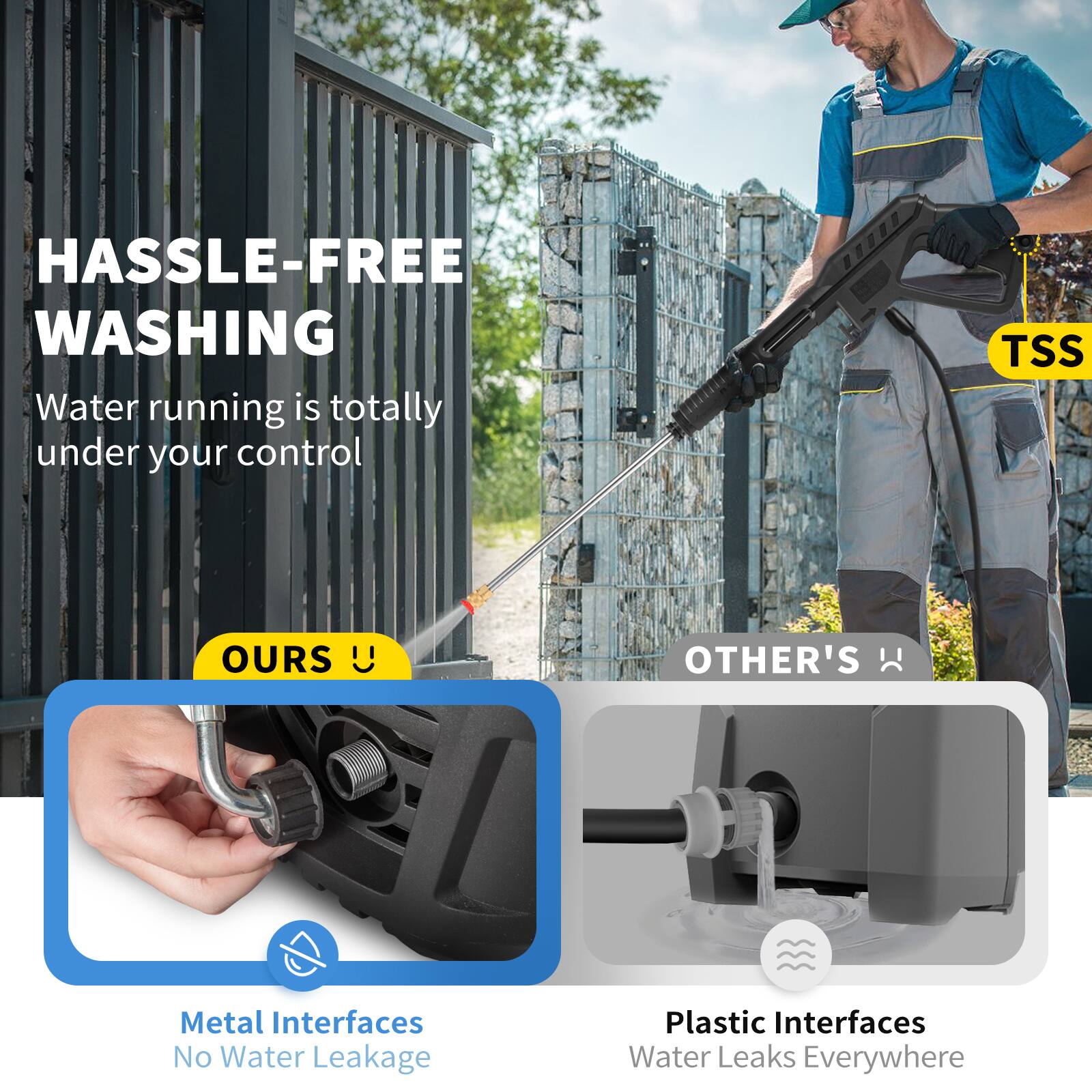 HASSLE-FREE WASHING  
Water running is totally under your control

TSS

OURS  
Metal Interfaces  
No Water Leakage

OTHER'S  
Plastic Interfaces  
Water Leaks Everywhere