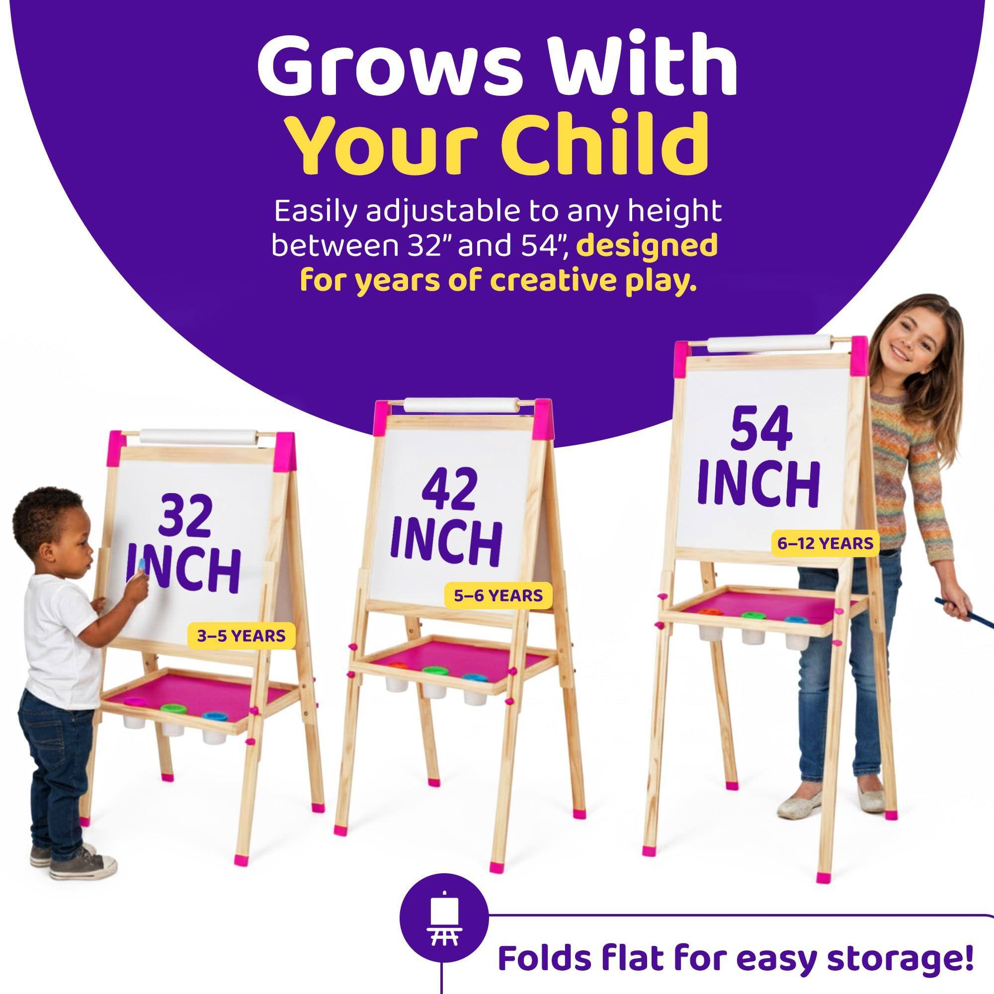 Grows With Your Child  
Easily adjustable to any height between 32" and 54", designed for years of creative play.  

32 INCH  
3-5 YEARS  

42 INCH  
5-6 YEARS  

54 INCH  
6-12 YEARS  

Folds flat for easy storage!