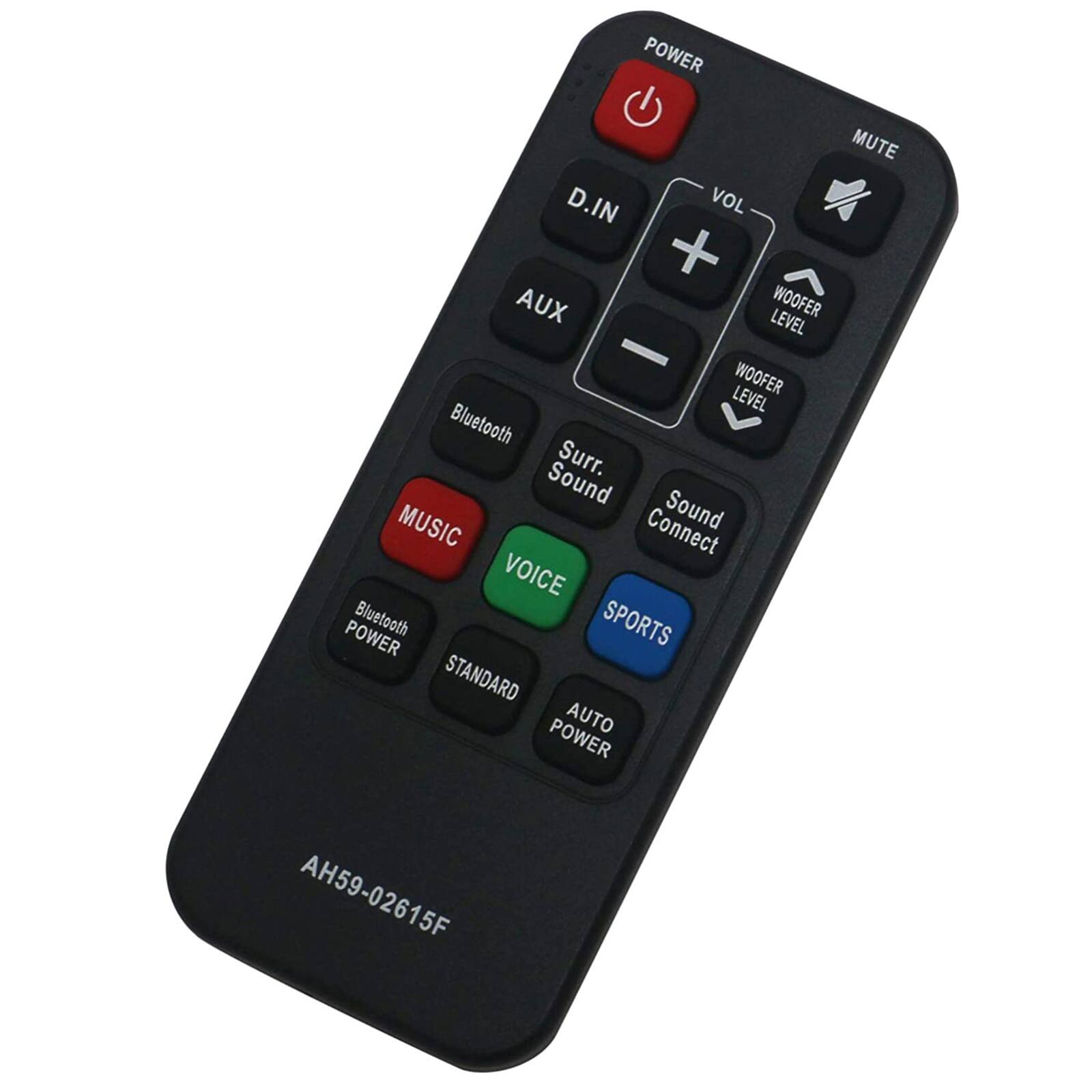 POWER  
MUTE  
VOL +  
VOL -  
WOOFER LEVEL +  
WOOFER LEVEL -  
D.IN  
AUX  
Bluetooth  
Surr. Sound  
Sound Connect  
MUSIC  
VOICE  
SPORTS  
STANDARD  
AUTO POWER  
Bluetooth POWER  
AH59-02615F