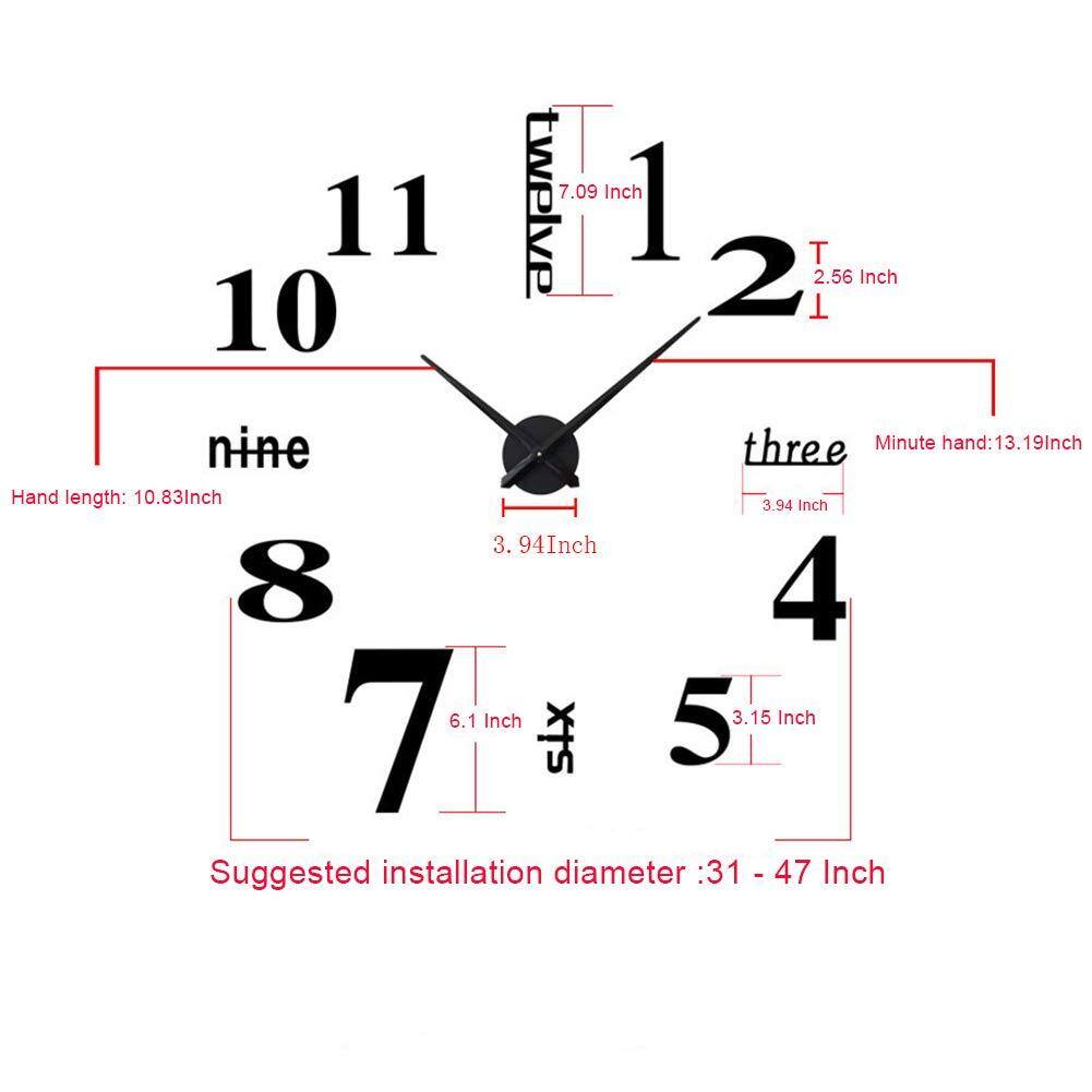 11  
10  
9  
8  
7  
6  
5  
4  
3  
2  
1  

Hand length: 10.83 inch  
Minute hand: 13.19 inch  

12: 7.09 inch  
2: 2.56 inch  
3: 3.94 inch  
5: 3.15 inch  
7: 6.1 inch  
9: 3.94 inch  

Suggested installation diameter: 31 - 47 inch