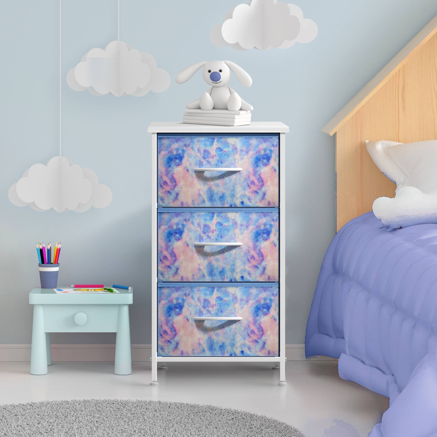 Angle. Sorbus - Sorbus Nightstand with 3 Drawers - Steel Frame, Wood Top &Fabric Bins -Home, Bedroom, Office & College Dorm, Bedside - Tie dye blue.