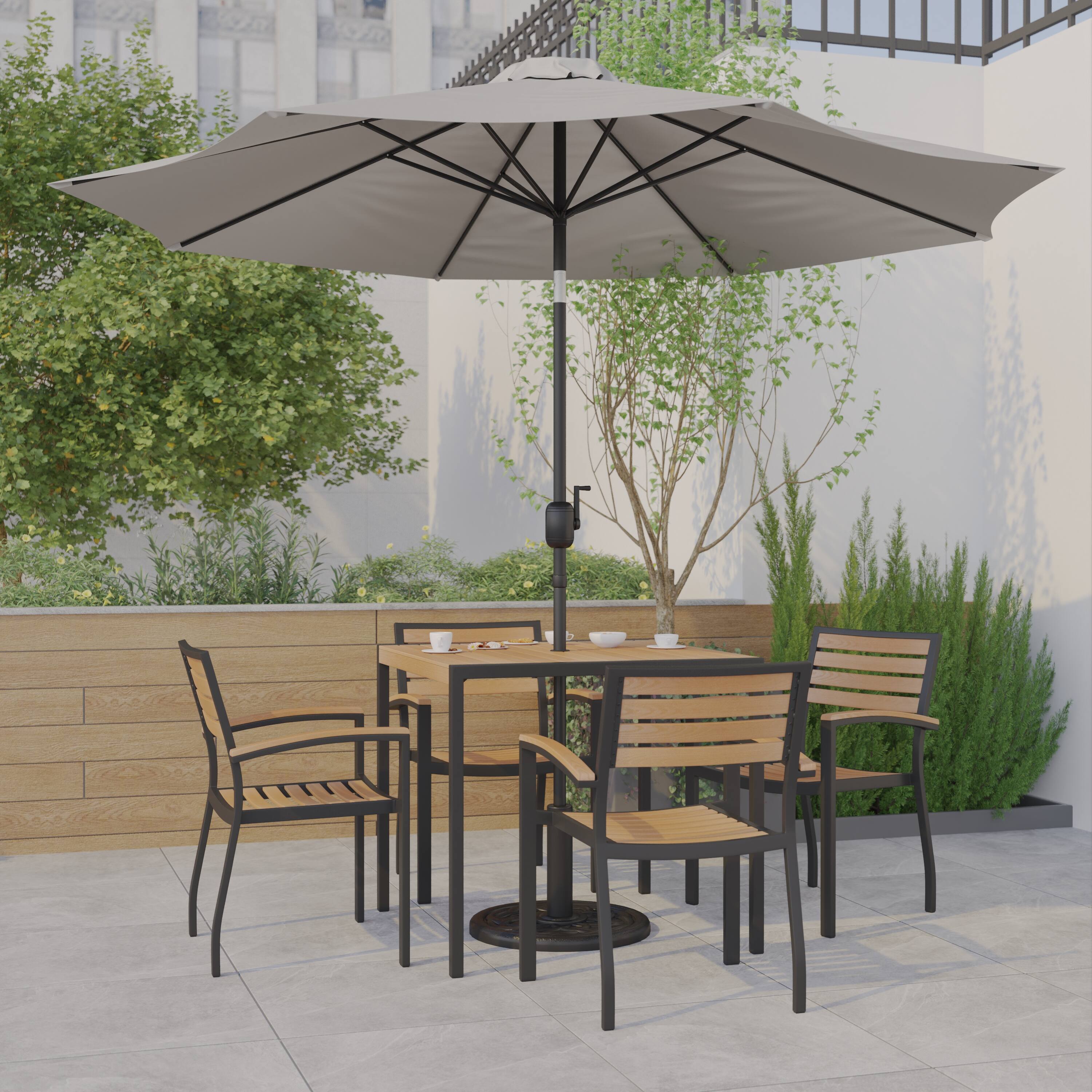 Alt View 1. Emma + Oliver - 7 Piece Patio Table Set - 4 Synthetic Faux Teak Stackable Chairs - Faux Teak Table - Umbrella with Base - Gray.