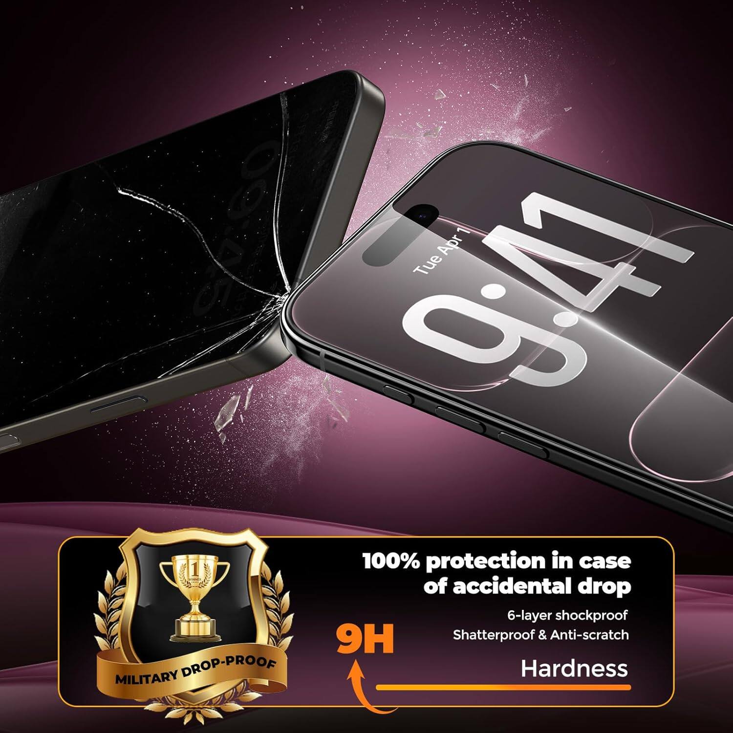 6925 9:41 Tue Apr 1  
100% protection in case of accidental drop  
6-layer shockproof  
9H Shatterproof & Anti-scratch  
MILITARY DROP-PROOF  
Hardness