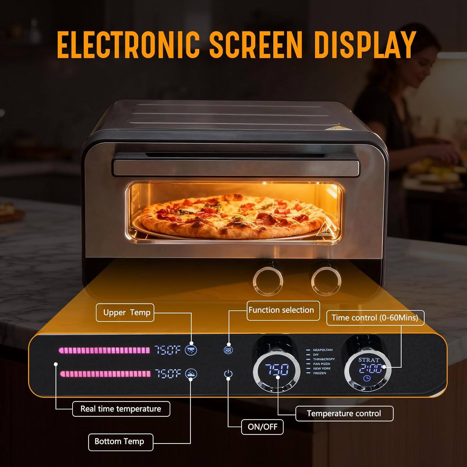 ELECTRONIC SCREEN DISPLAY

- Upper Temp
- Function selection
- Time control (0-60Mins)
- 750°F
- 750°F
- 750°F
- NEAPOLITAN
- TEURLINISY
- PARS
- PUA
- VORK
- FROSN
- STRAT
- J
- 2:00
- Real time temperature
- Bottom Temp
- ON/OFF
- Temperature control