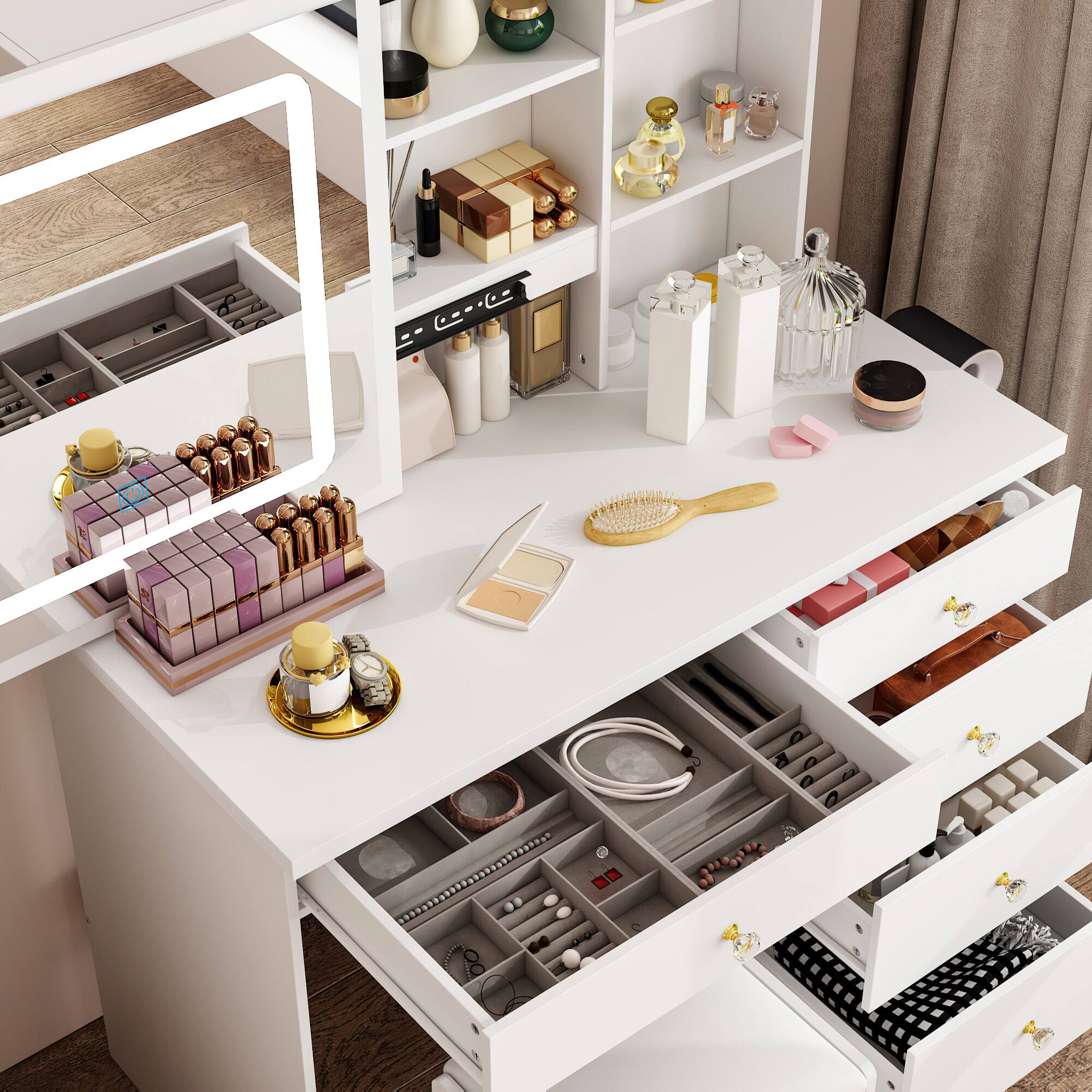 Alt View 2. Famapy - Sliding Mirror Vanity Desk with LED Light & Hidden Storage, Makeup Table with Side Shelf for Bedroom - White.