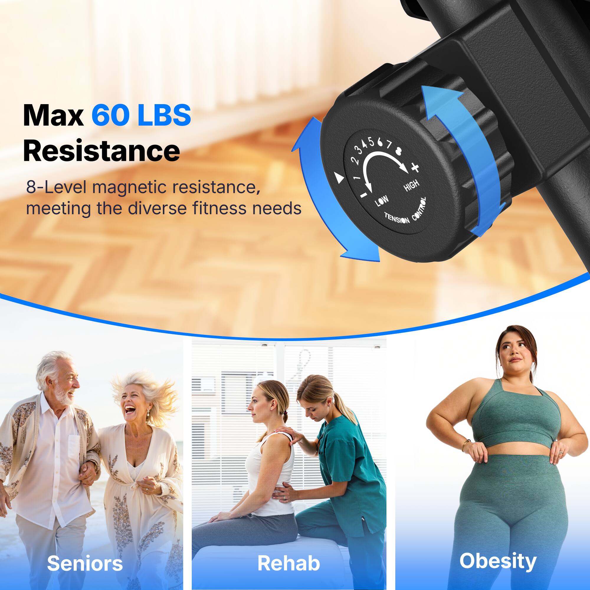 Max 60 LBS Resistance  
8-Level magnetic resistance, meeting the diverse fitness needs  

4567E + - HIGH LOW TENSION CONTROL  

Seniors Rehab Obesity