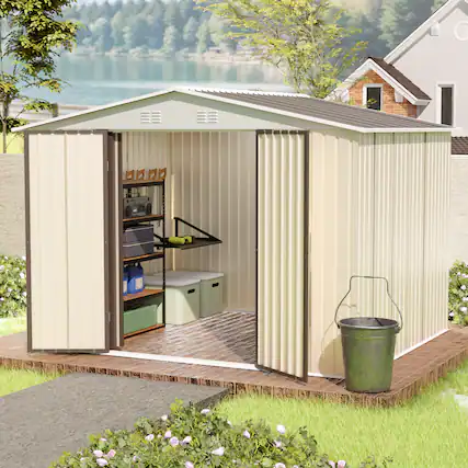 Front. Anysun - 10x8 Feet White Outdoor Garden Shed – Aluminum Alloy Frame with Hinge Door, Spacious Metal Tool Storage for Backyard - Cream White.