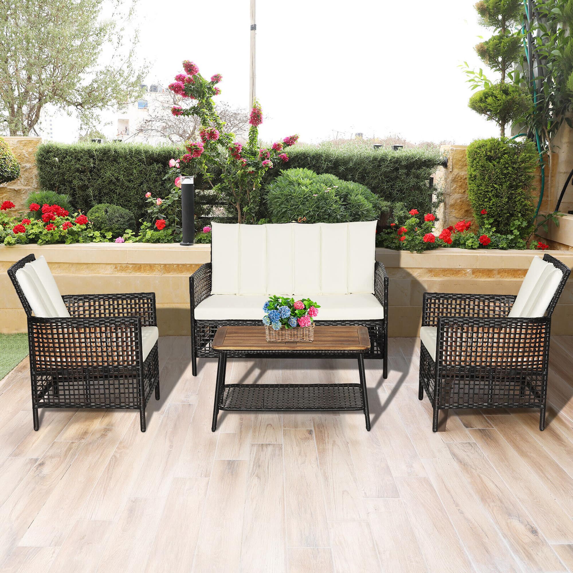 Gymax - 4PCS Cushioned Patio PE Wicker Conversation Furniture Set w/ Acacia Wood Tabletop - Off White price history on PriceWatchPro