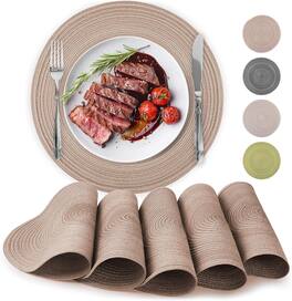 Zulay Kitchen - 15 Inch Round Placemats for Dining Table Set of 6 - Braided Round & Anti-Skid Placemat - Brown