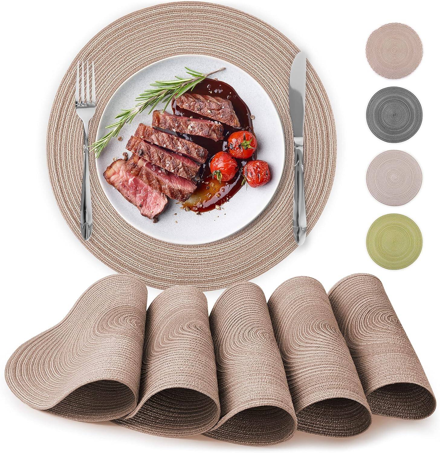 Front. Zulay Kitchen - Zulay Kitchen 15 Inch Round Placemats for Dining Table Set of 6 - Braided Round & Anti-Skid Placemat - Brown.