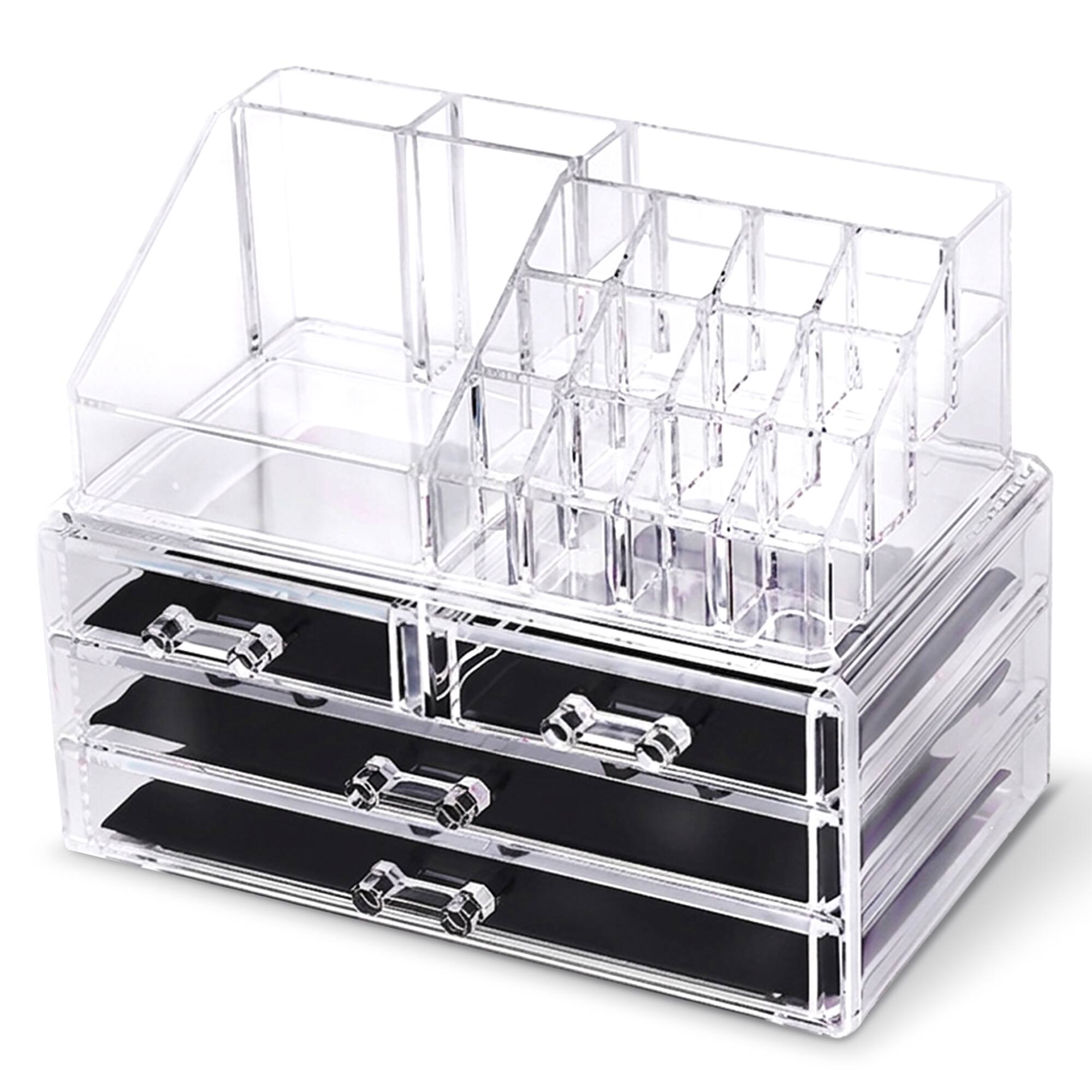 Front. Cheer Collection - Acrylic Makeup Organizer with 16 Compartments, 15 Lipstick Slots and 4 Drawers - Clear.