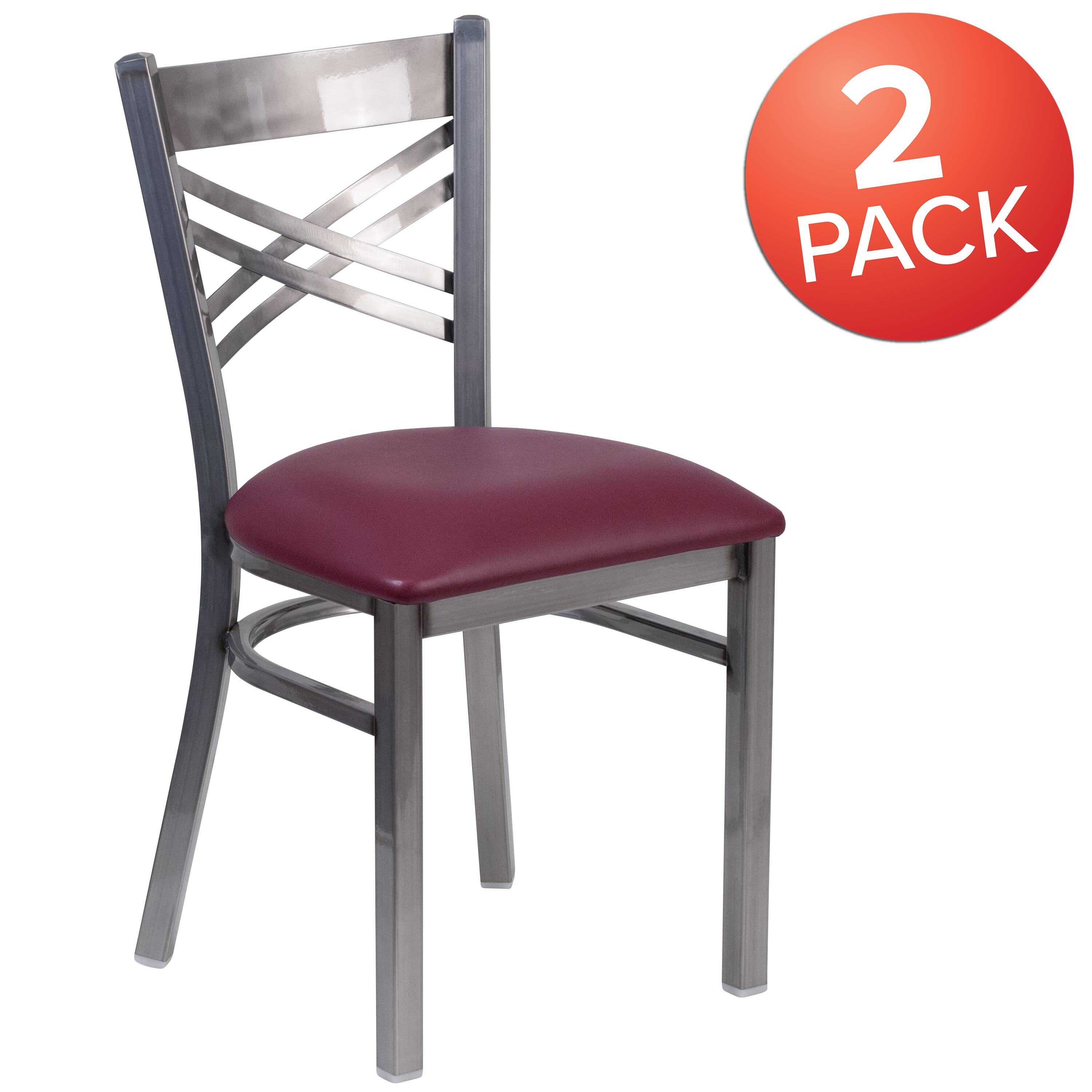 Alt View 1. Emma + Oliver - 2 Pack Clear Coated "X" Back Metal Restaurant Chair - Burgundy Vinyl Seat/Clear Coated Metal Frame.
