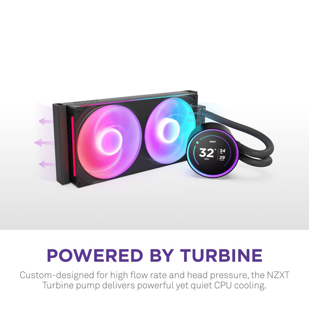 The image features a custom-designed NZXT Turbine pump that delivers powerful yet quiet CPU cooling. The pump is powered by a turbine and is designed for high flow rate and head pressure. The pump is shown in front of a clock, which is set at 34 degrees Celsius.