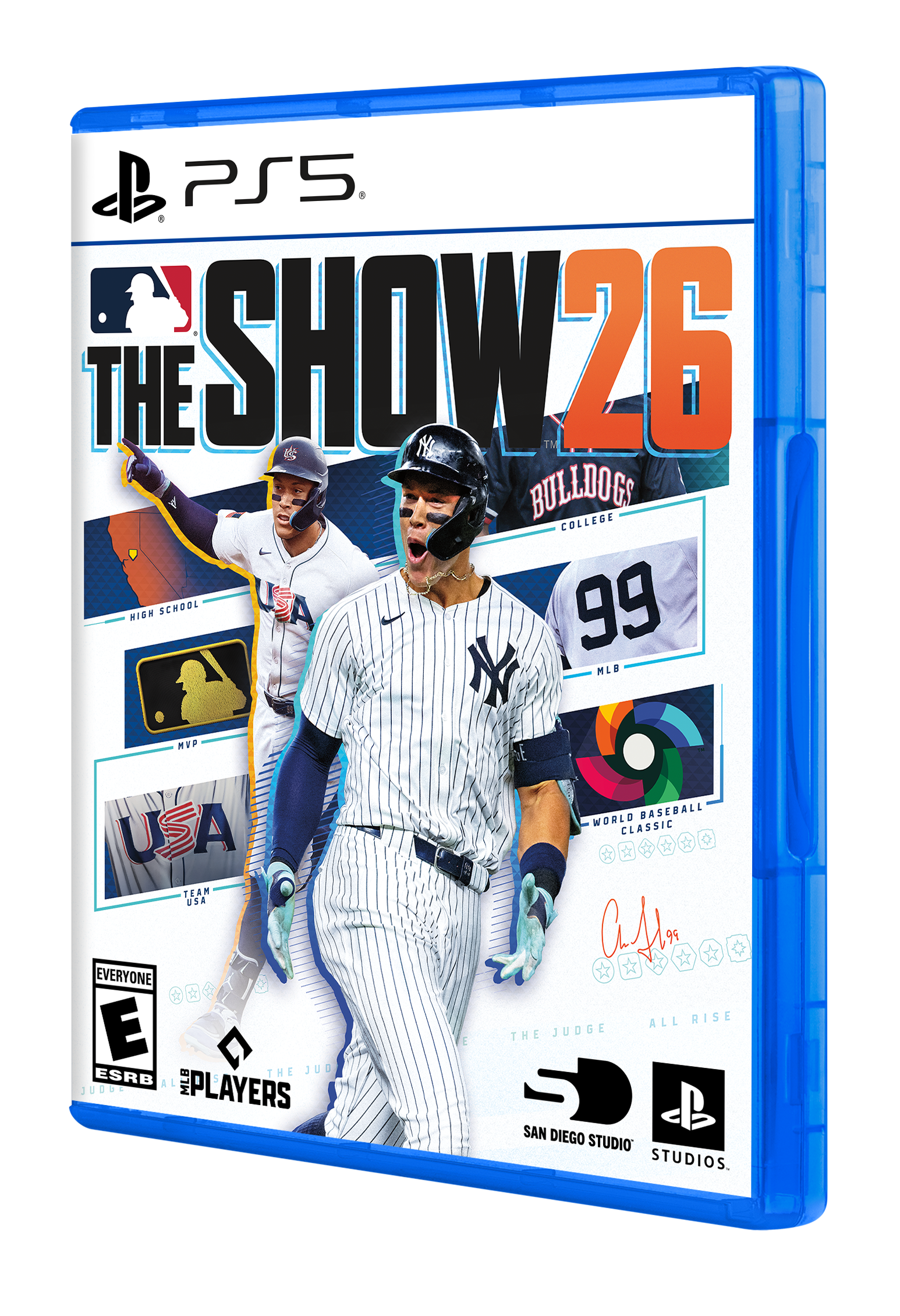 PS5. THE SHOW 26  
TM  
BULLDOGS COLLEGE  
HIGH SCHOOL  
99  
MLB  
MVP  
BASEBALL WORLD CLASSIC  
USA  
TEAM USA  
EVERYONE  
E  
ESRB  
ALL RISE  
THE JUDGE  
THE JUDGE  
PLAYERS  
SAN DIEGO STUDIO  
STUDIOS.